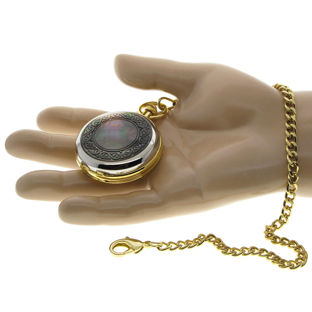 Gold Color Double Full Hunter Mechanical Pocket Watch with MOP Cameo Cover P294