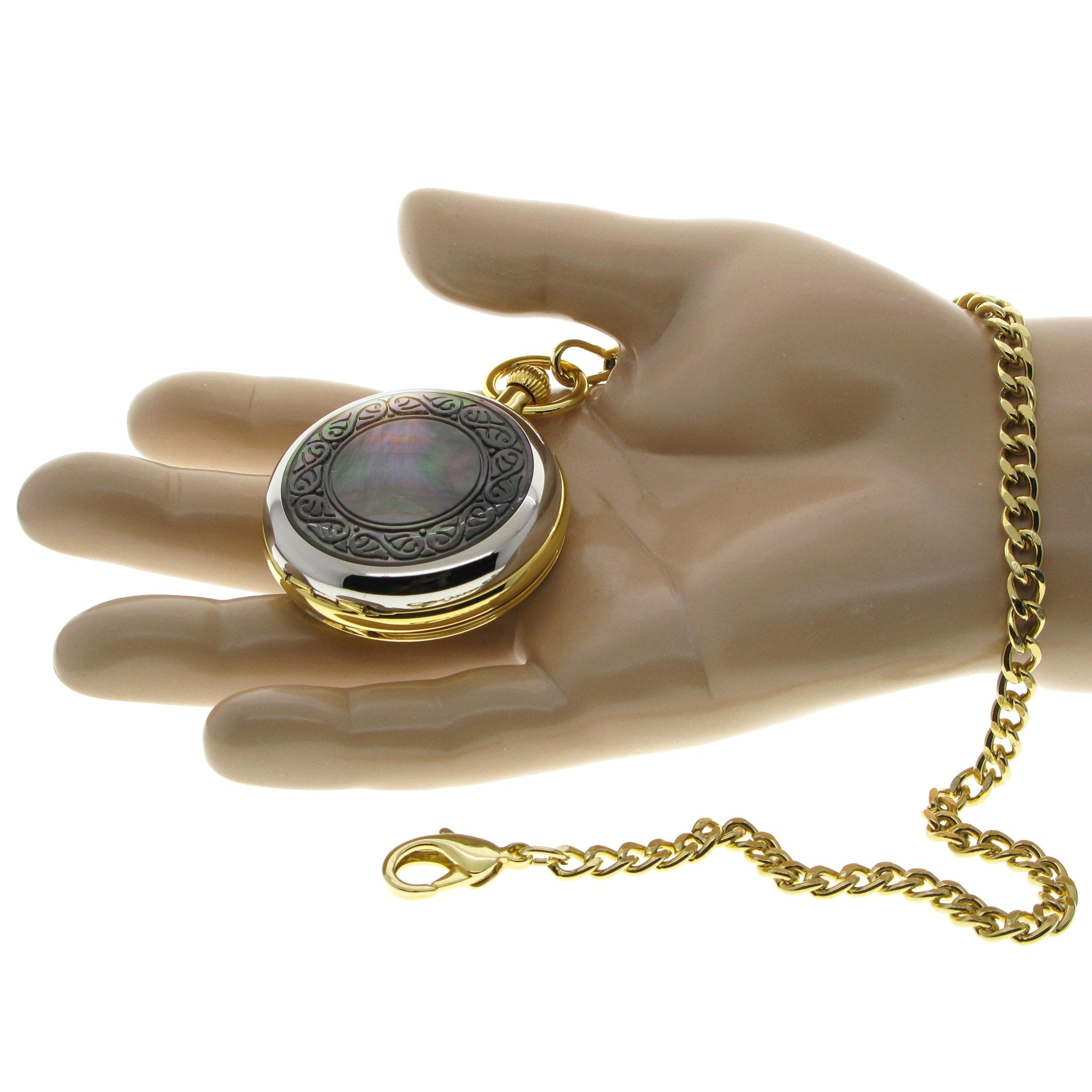 Gold Color Double Full Hunter Mechanical Pocket Watch with MOP Cameo Cover P294