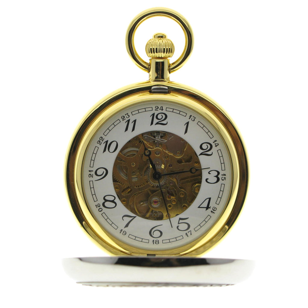 Gold Color Double Full Hunter Mechanical Pocket Watch with MOP Cameo Cover P294