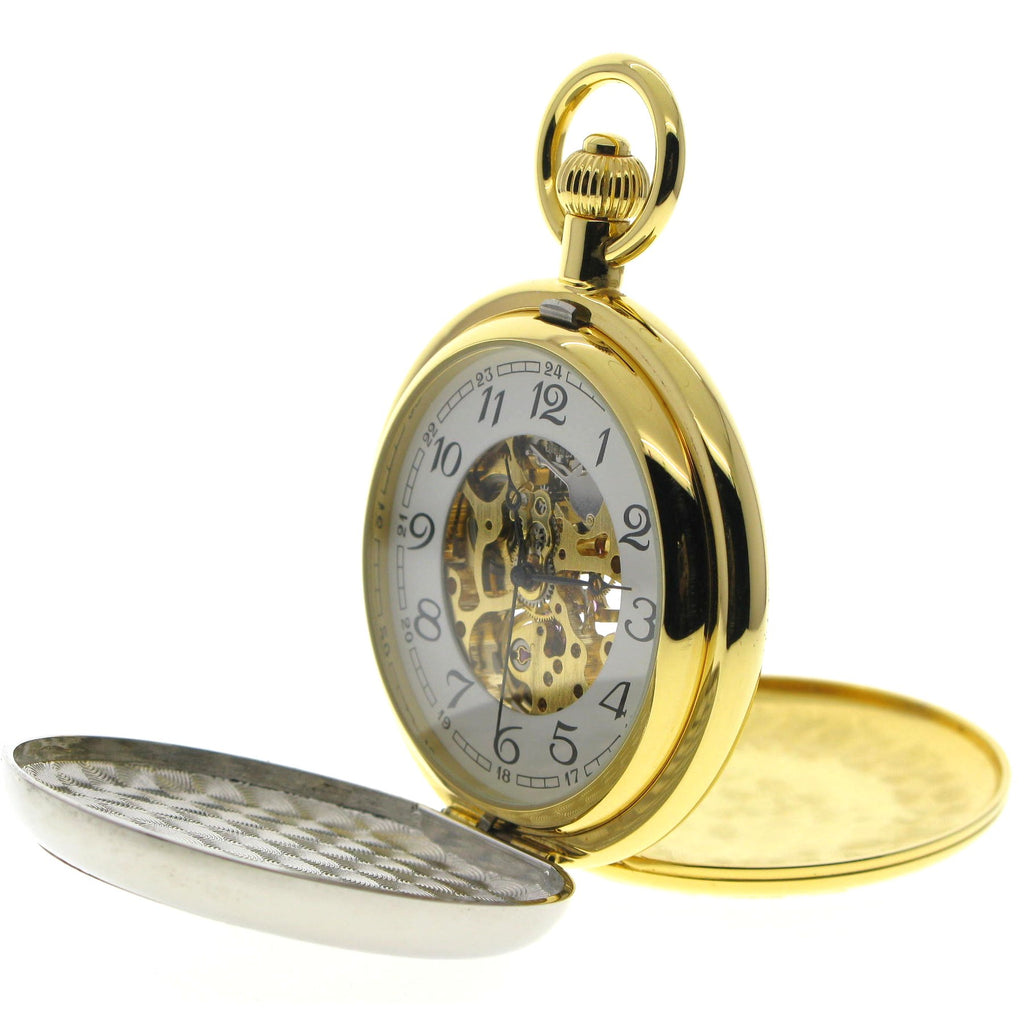 Gold Color Double Full Hunter Mechanical Pocket Watch with MOP Cameo Cover P294