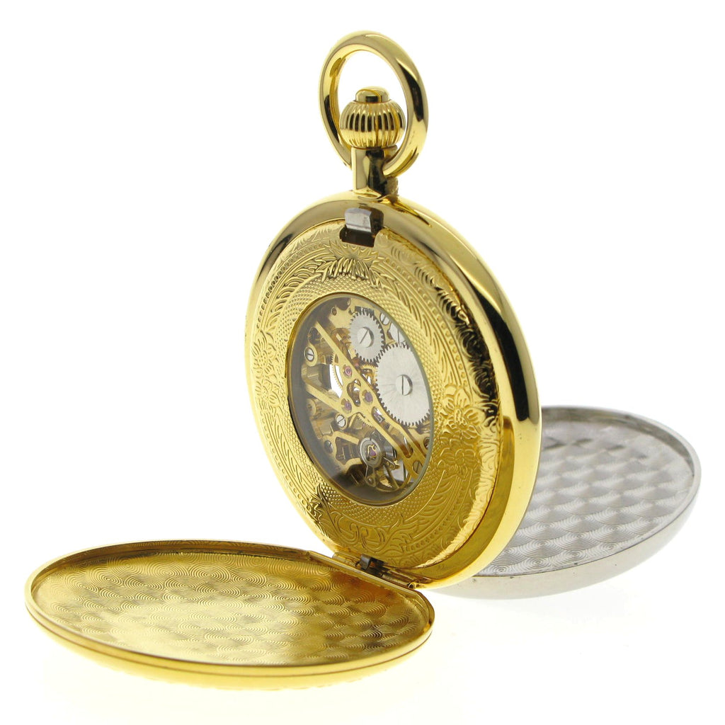 Gold Color Double Full Hunter Mechanical Pocket Watch with MOP Cameo Cover P294