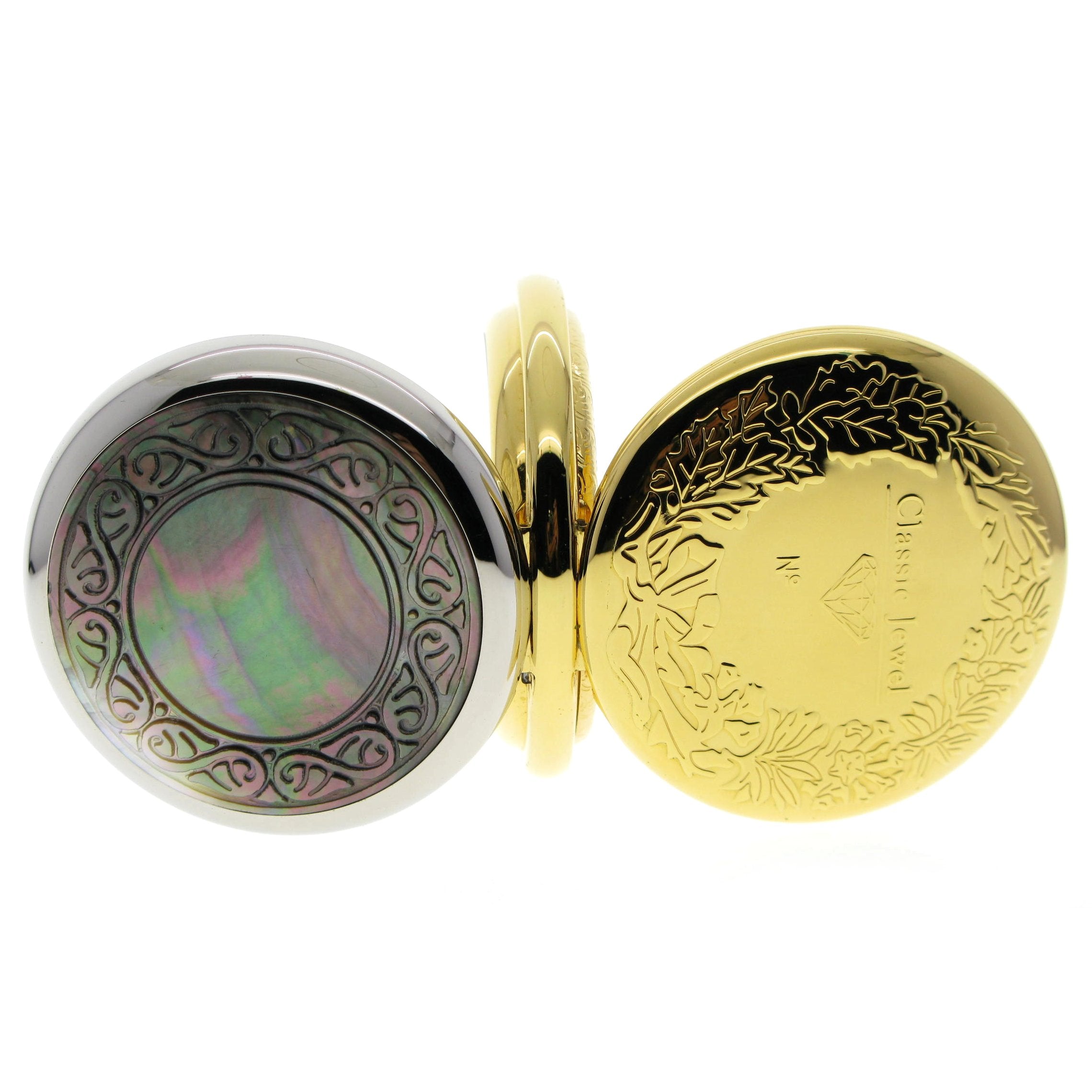 Gold Color Double Full Hunter Mechanical Pocket Watch with MOP Cameo Cover P294