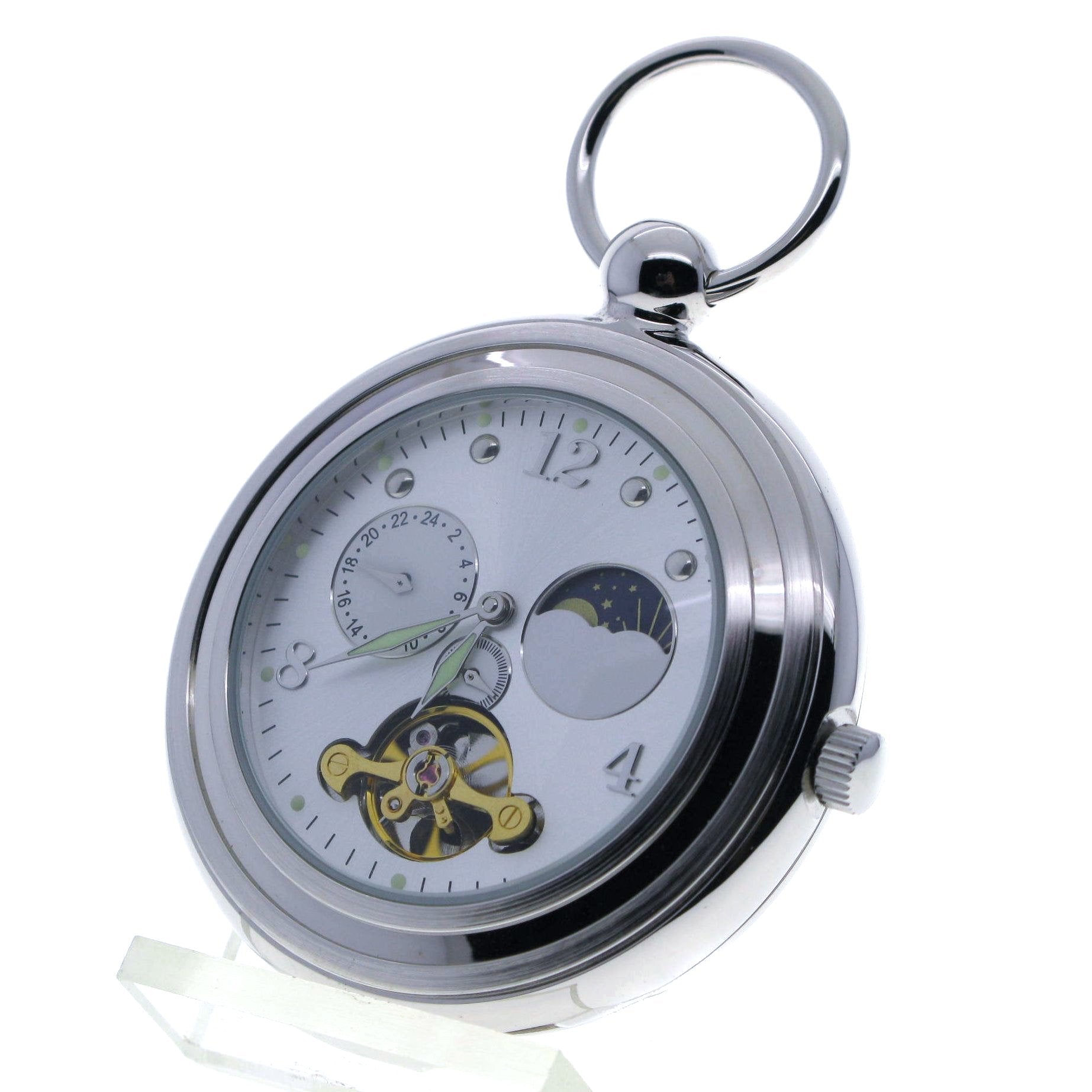 Tourbillon Design Mechanical Silver Pocket Watch with Sun & Moon and 24 Hours P116