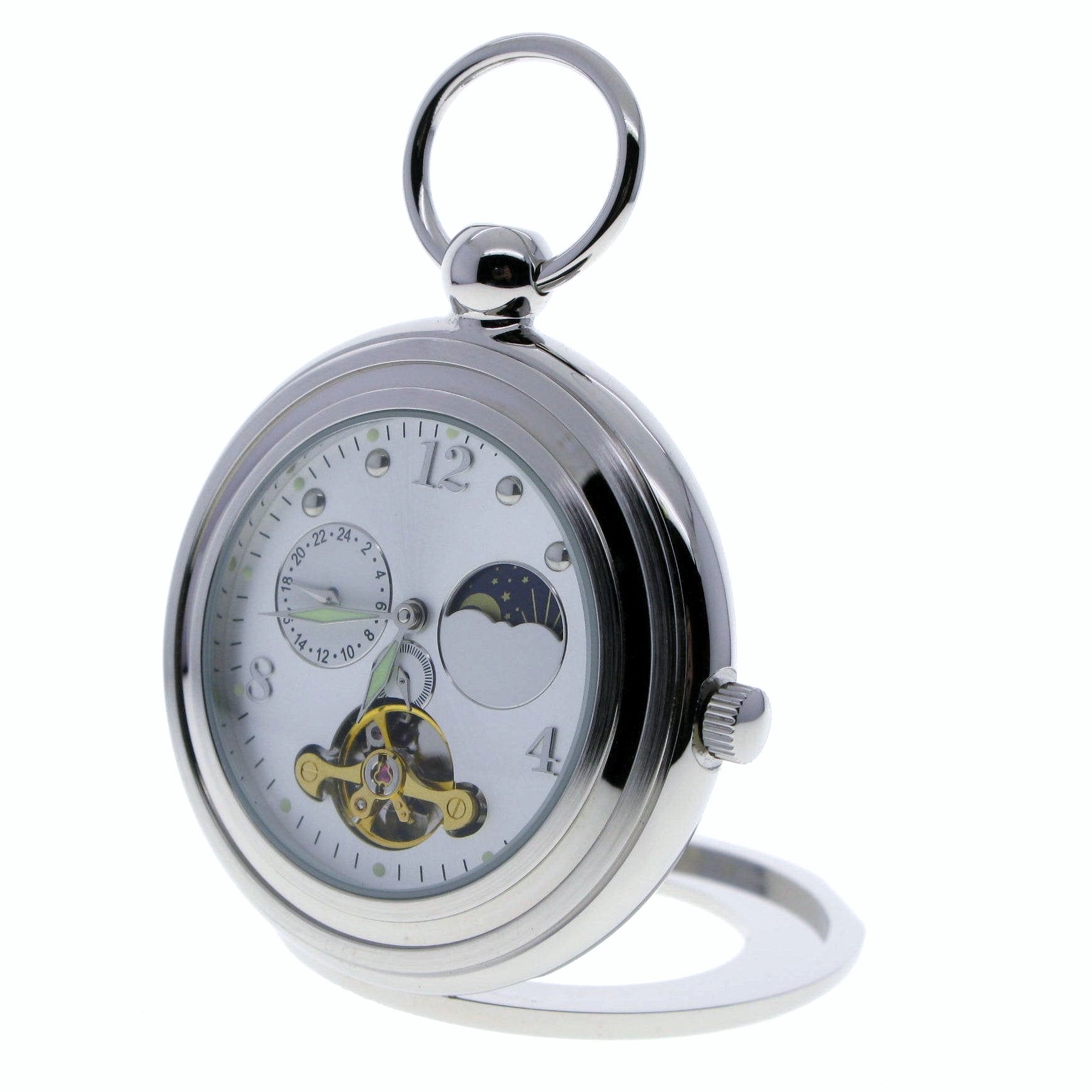 Tourbillon Design Mechanical Silver Pocket Watch with Sun & Moon and 24 Hours P116