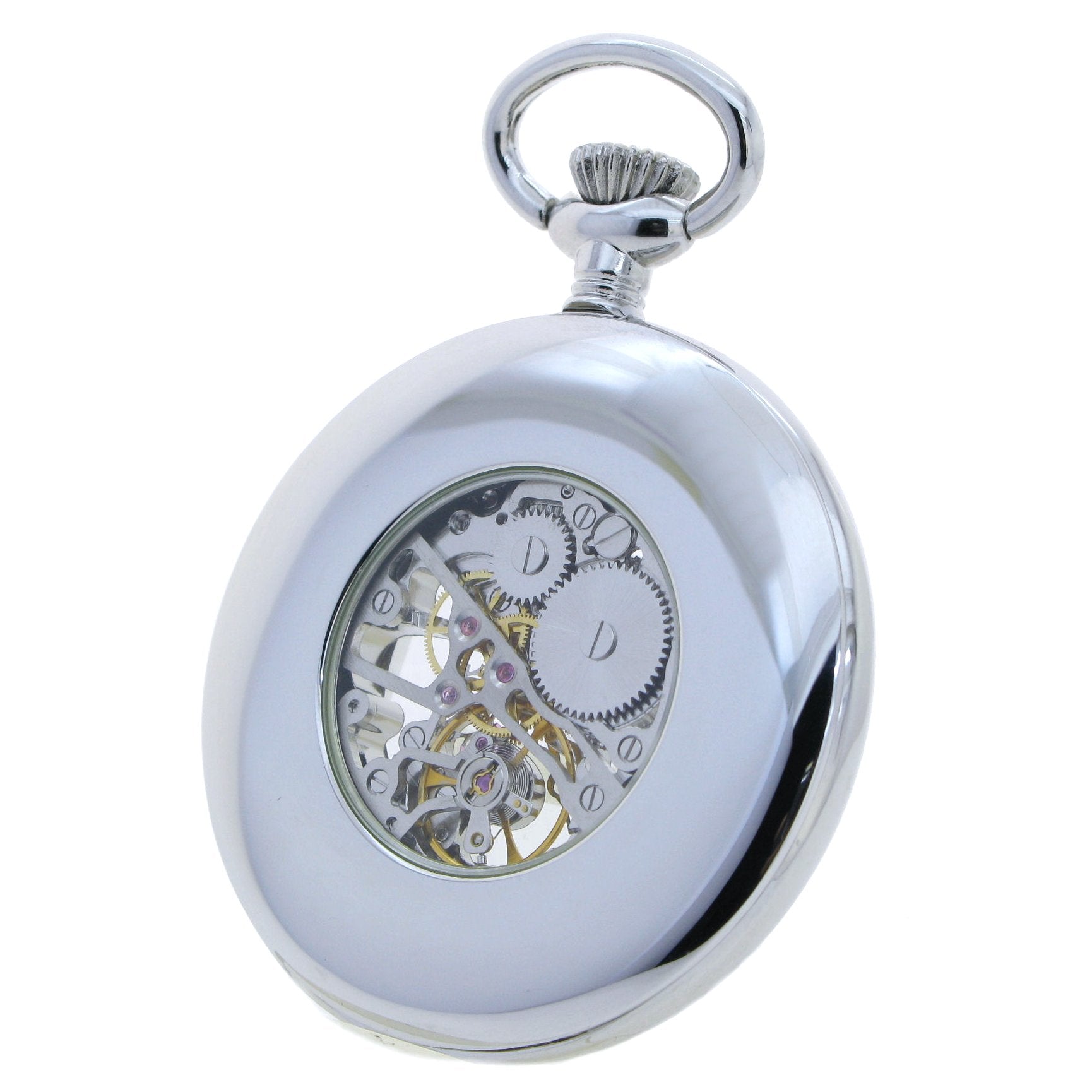 Silver Mechanical Pocket Watch visible case back showcasing the intricate movement inner working
