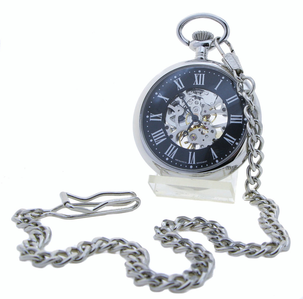 Mechanical Pocket Watch Silver Color Skeleton 17 Jewels Movement Big 49 MM Open Face Hand-Winding P306