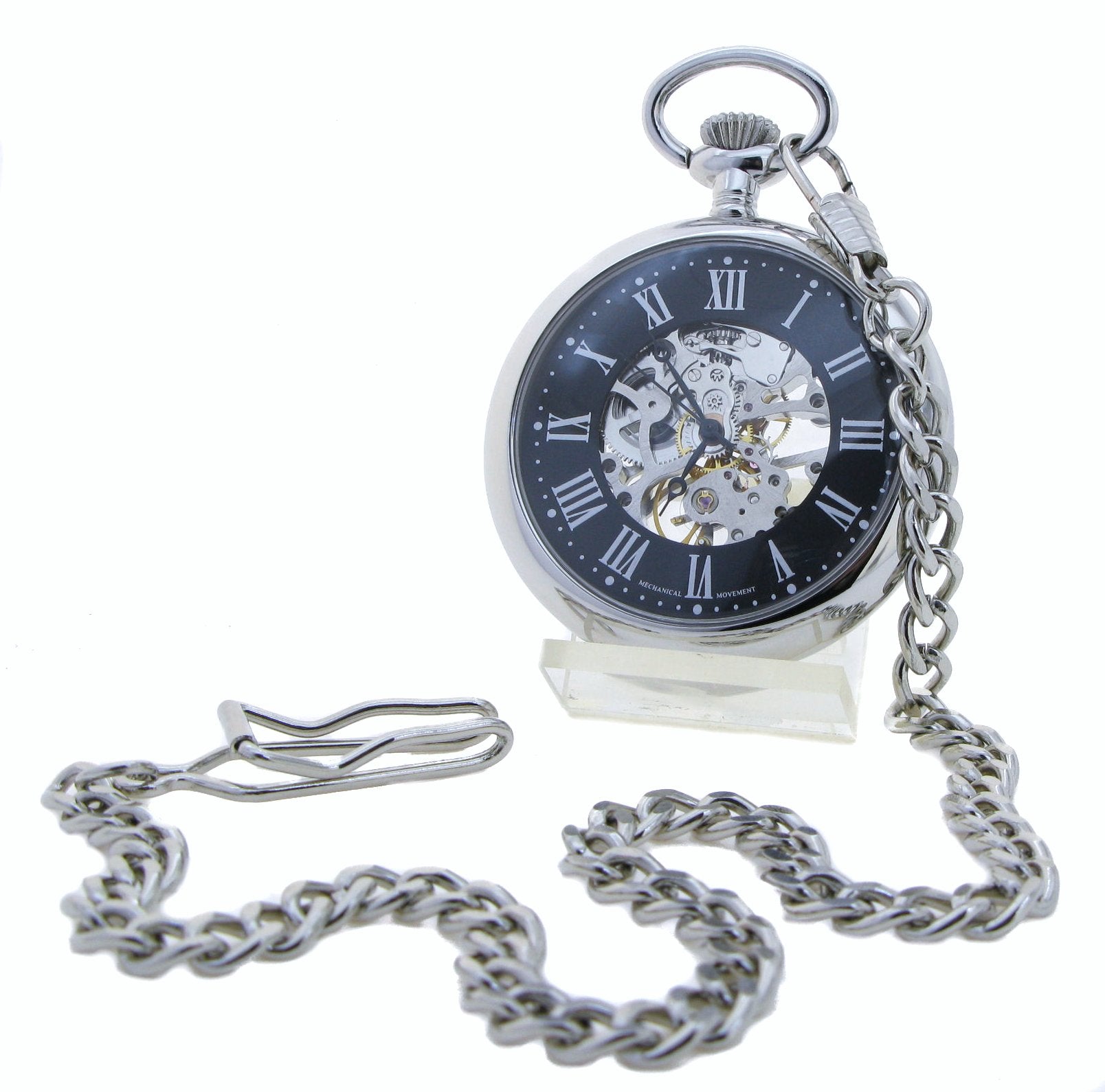 Silver Mechanical Pocket Watch Black Dial with Roman Numbers