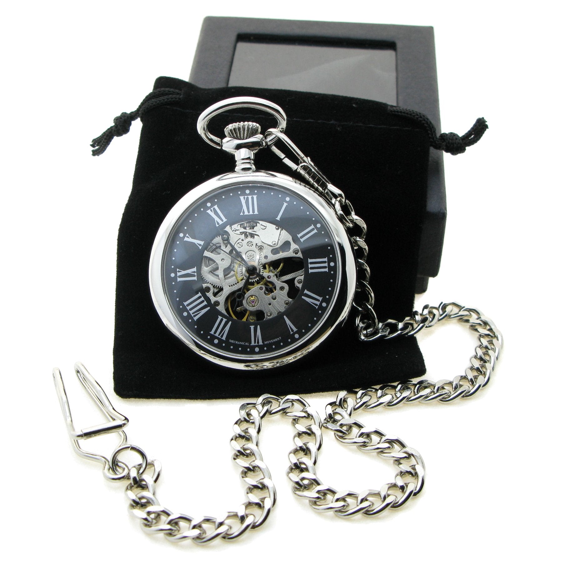 Mechanical Skeleton Pocket Watch Black Dial Roman Numbers P306