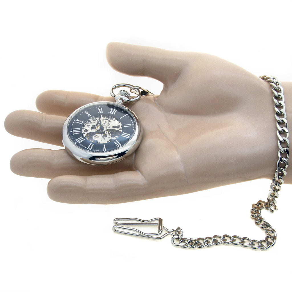 Mechanical Pocket Watch Silver Color Skeleton 17 Jewels Movement Big 49 MM Open Face Hand-Winding P306