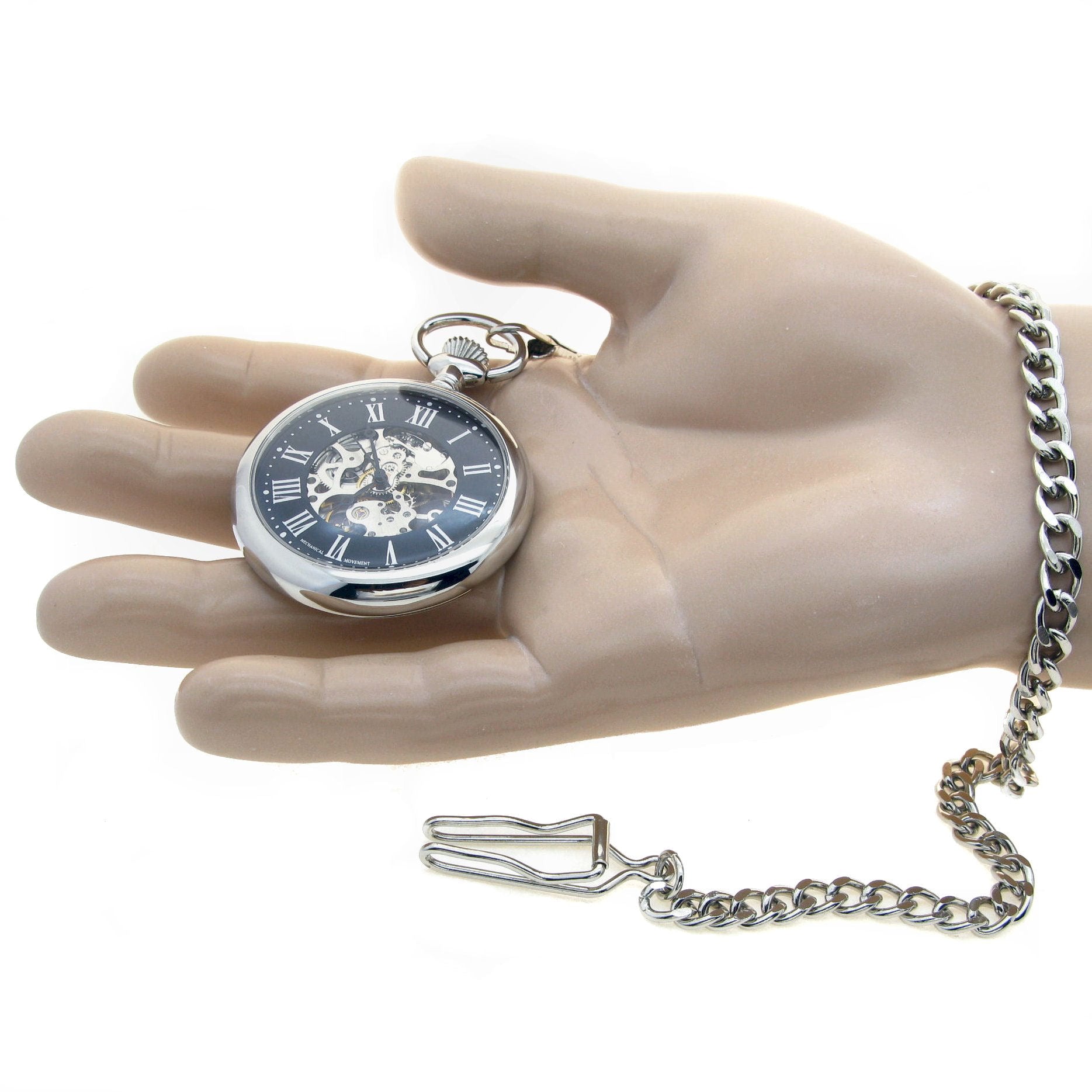 Mechanical Pocket Watch Silver Color Skeleton 17 Jewels Movement Big 49 MM Open Face Hand-Winding P306