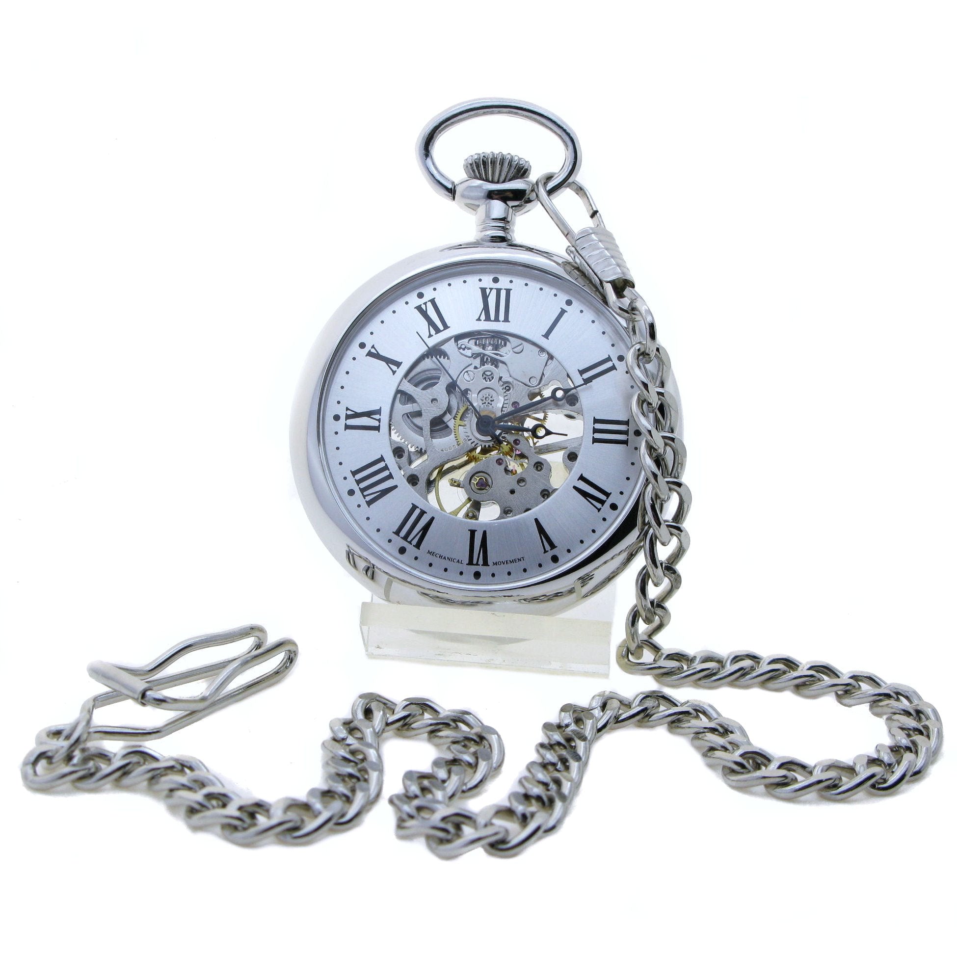 Silver Mechanical Pocket Watch with Chain