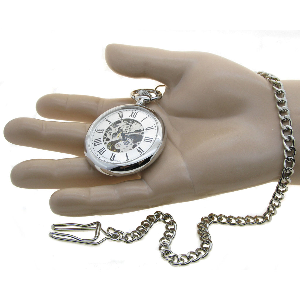 Mechanical Skeleton Pocket Watch size on hand