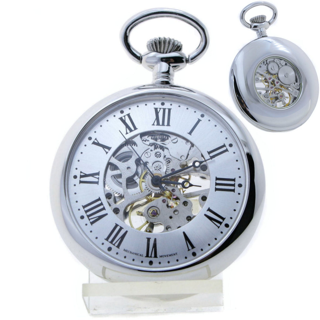 Silver Mechanical Skeleton Pocket Watch with Silver Roman Numbers Dial