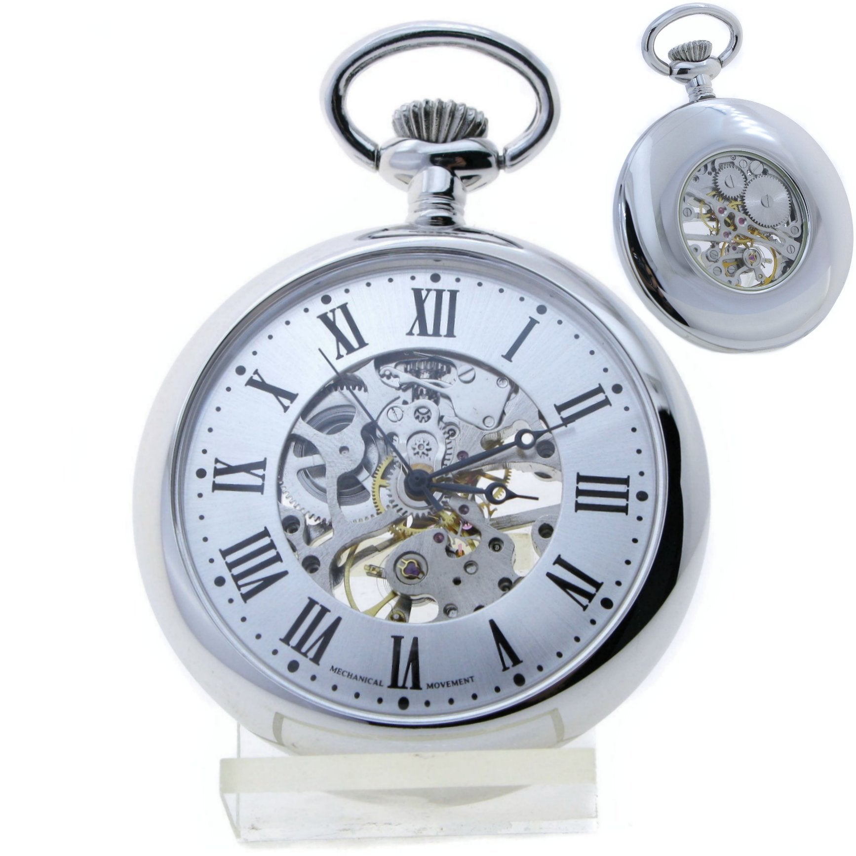Silver Mechanical Skeleton Pocket Watch with Silver Roman Numbers Dial