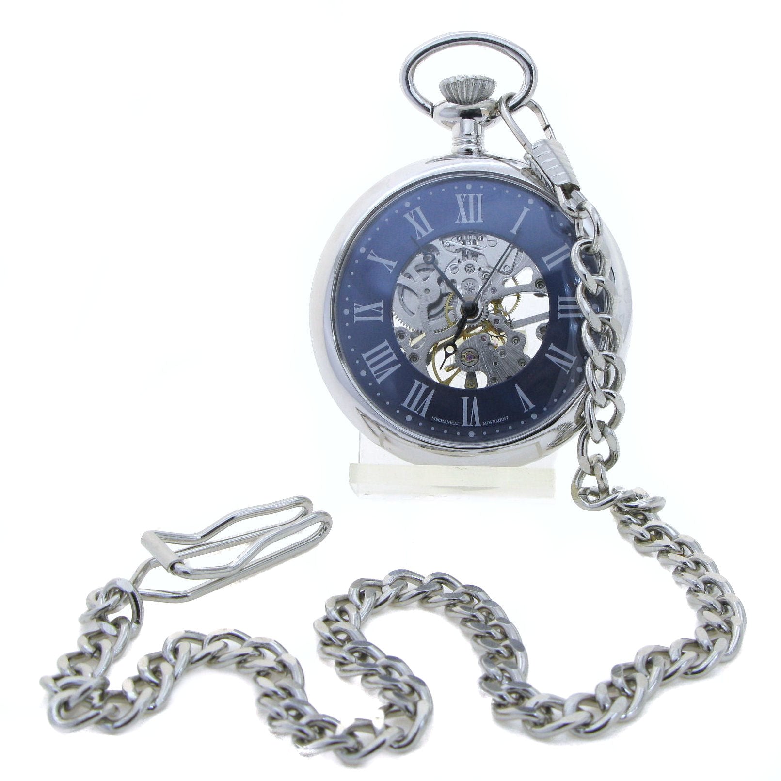 Silver Mechanical Pocket Watch Blue Dial with Roman Numbers