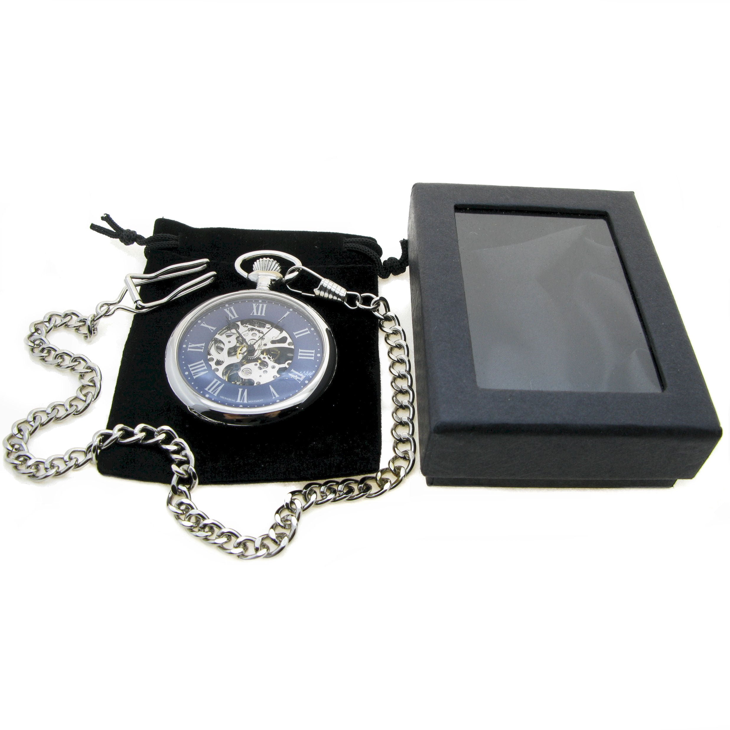 Mechanical Skeleton Pocket Watch Blue Dial Roman Numbers P308