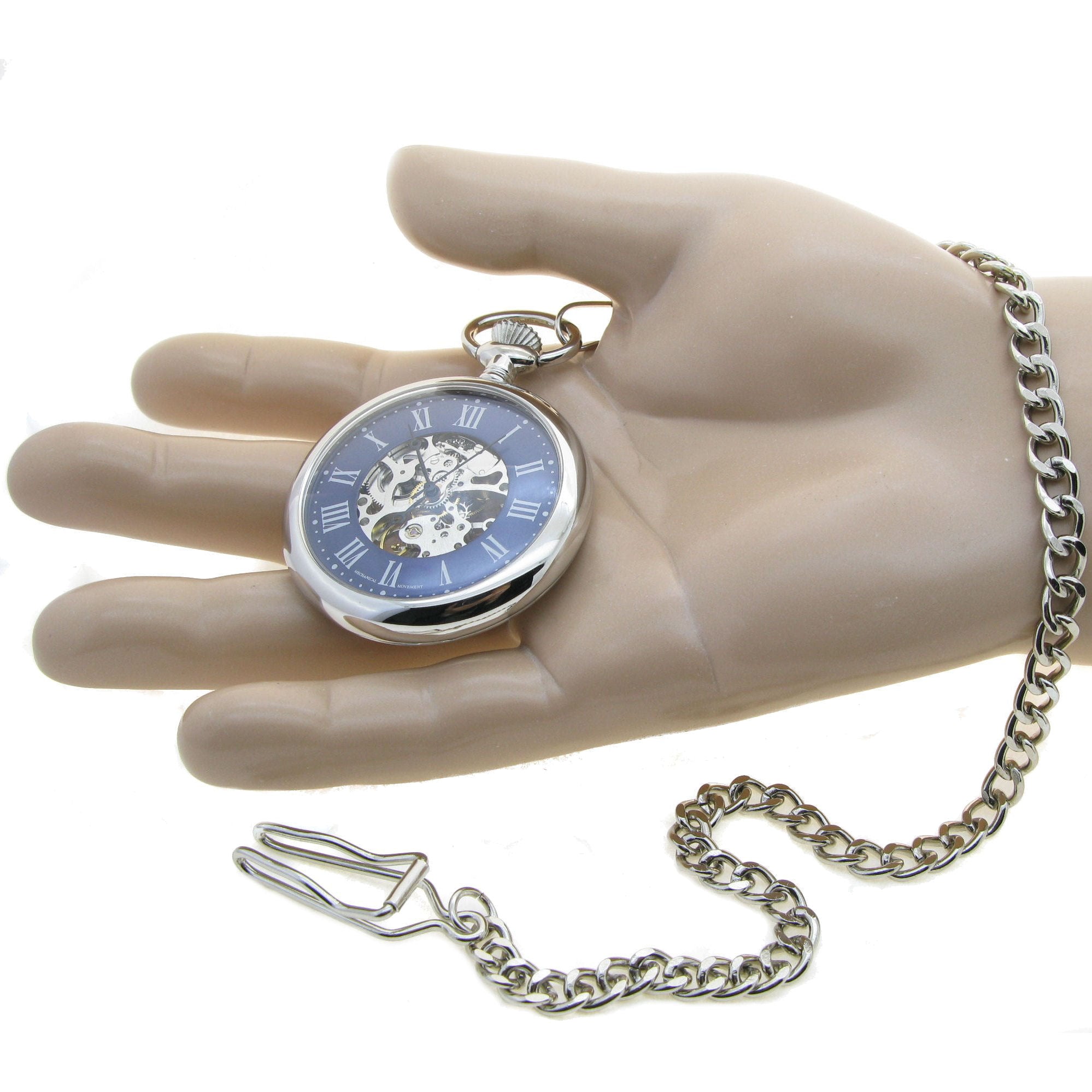 Mechanical Skeleton Pocket Watch Blue Dial Roman Numbers P308