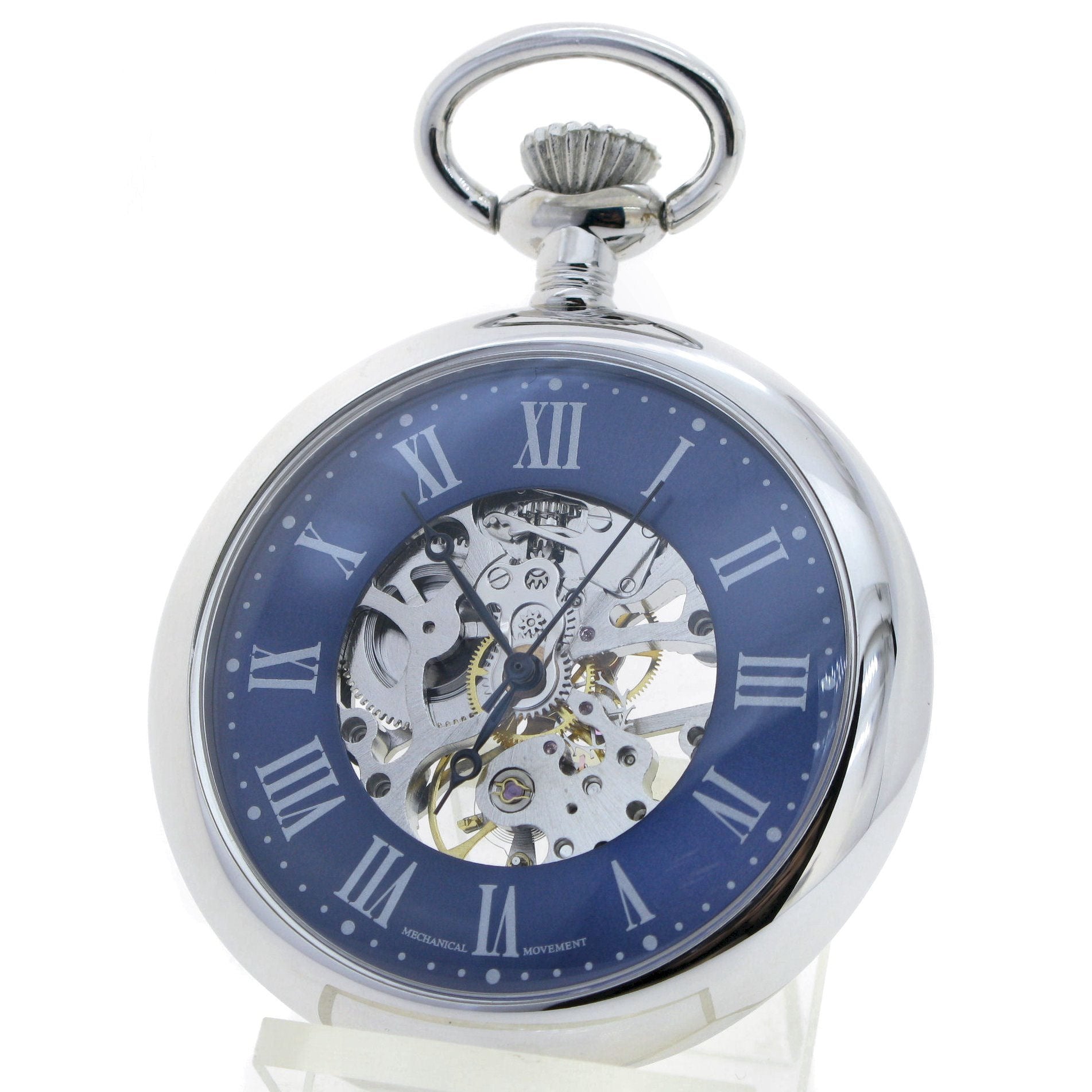 Mechanical Skeleton Pocket Watch Blue Dial Roman Numbers P308