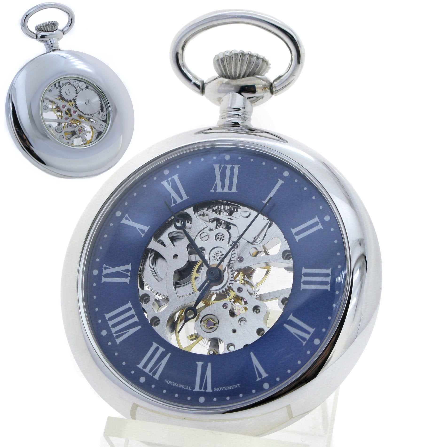Mechanical Pocket Watch Silver Color Skeleton 17 Jewels Movement Open Face Hand-Winding P308