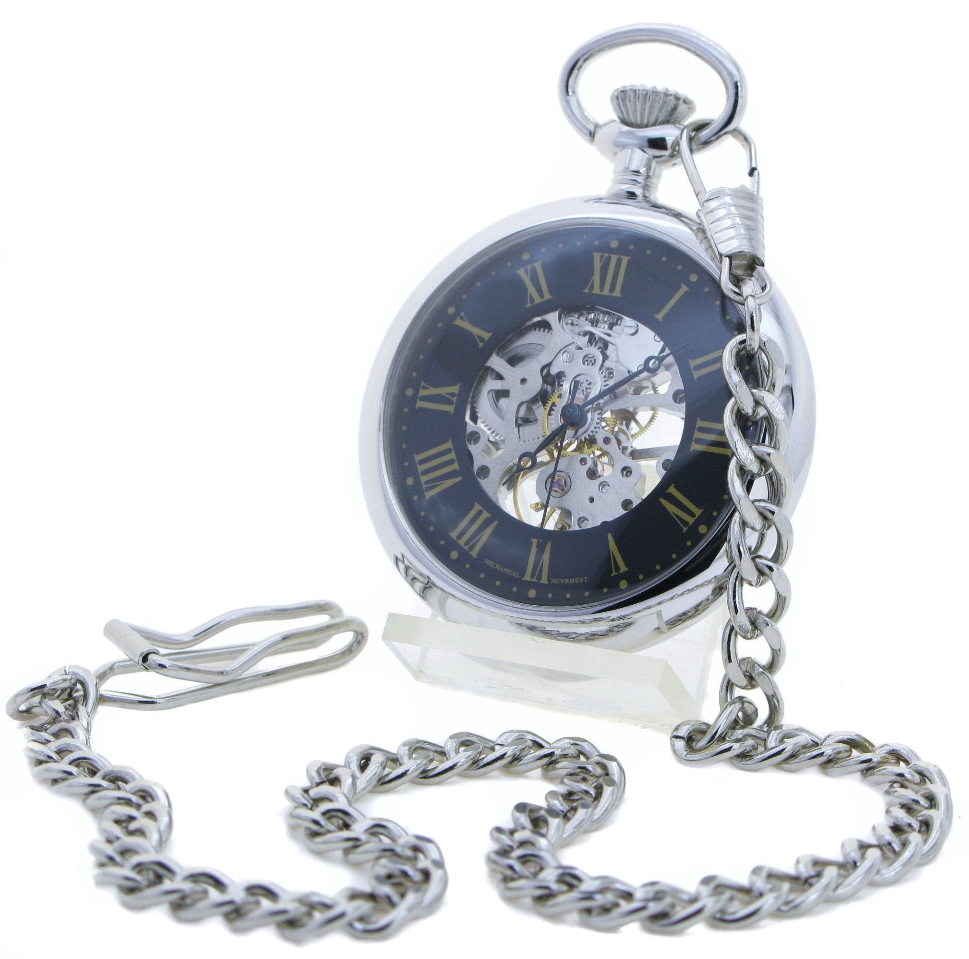 Mechanical Pocket Watch Silver Color Skeleton 17 Jewels Movement Big 49 MM Open Face Hand-Winding P310