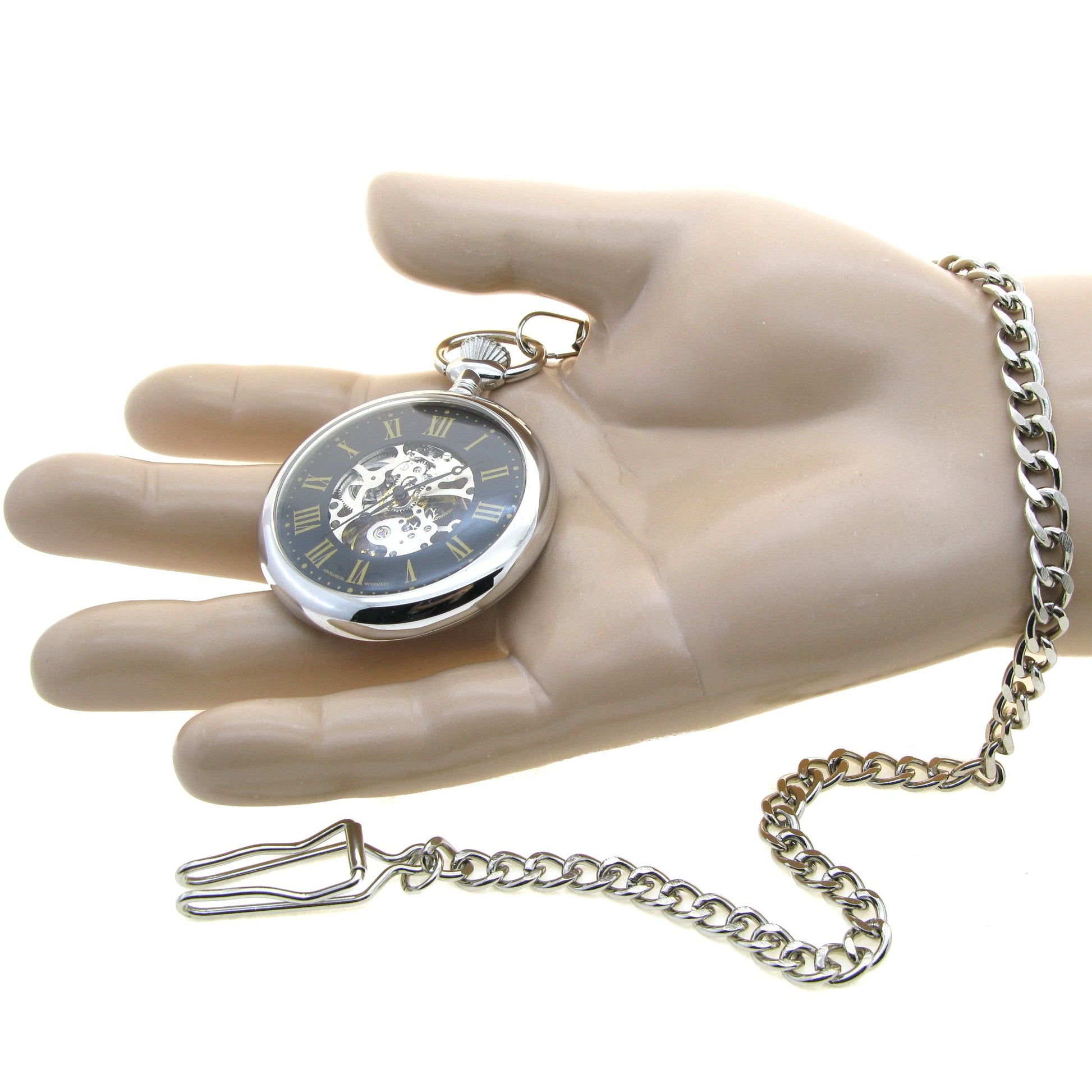 Mechanical Pocket Watch Silver Color Skeleton 17 Jewels Movement Big 49 MM Open Face Hand-Winding P310