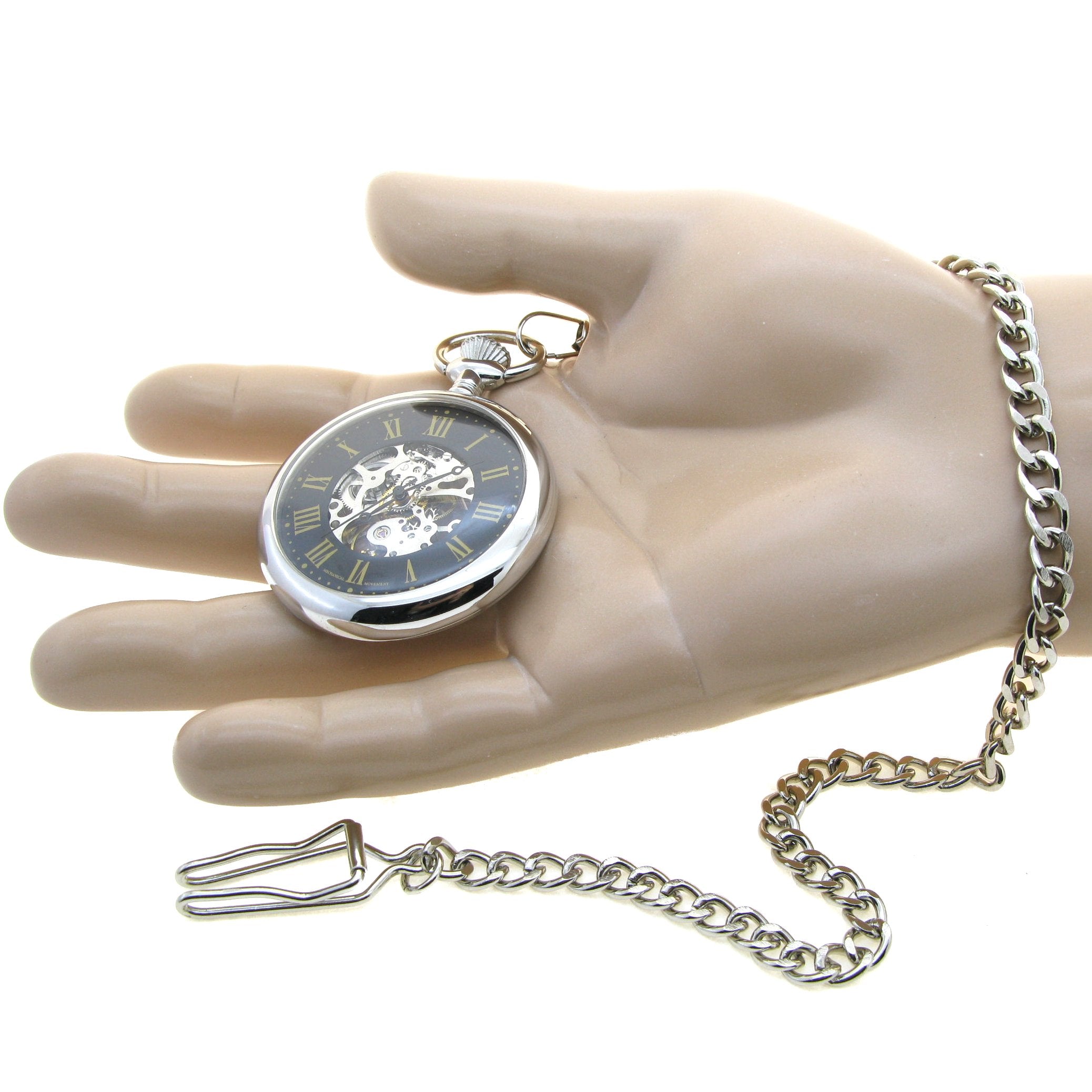 Mechanical Skeleton Pocket Watch Black Dial Roman Numbers P310