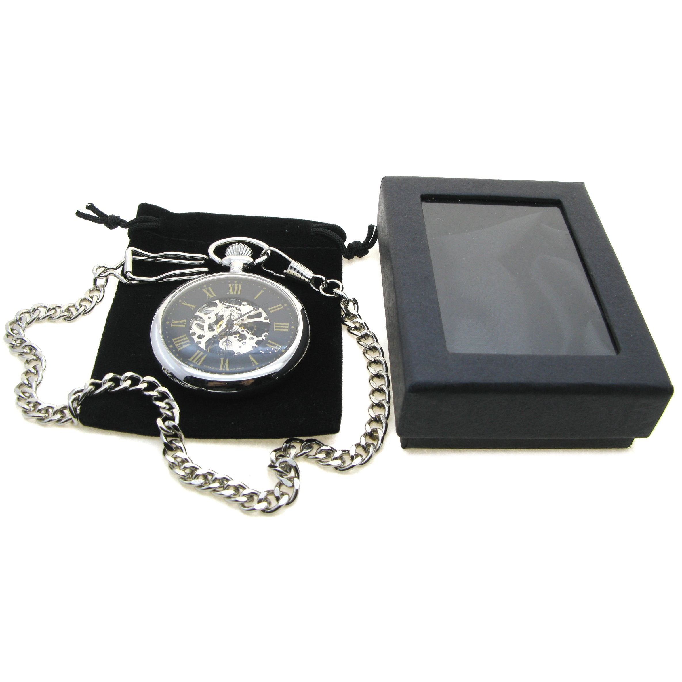 Mechanical Skeleton Pocket Watch Black Dial Roman Numbers P310