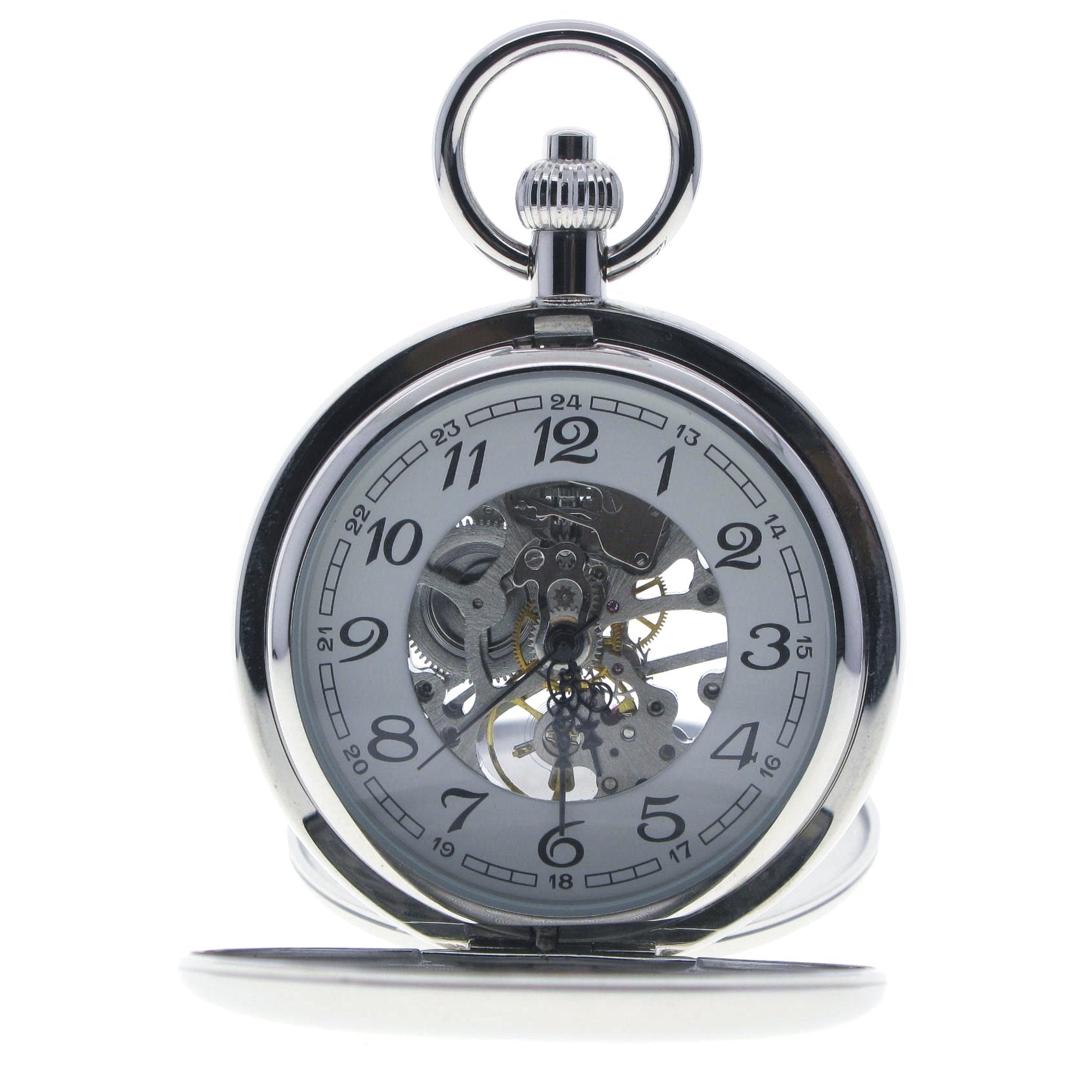 Double Full Hunter Mechanical Silver Pocket Watch with Arabic Numbers Dial P36