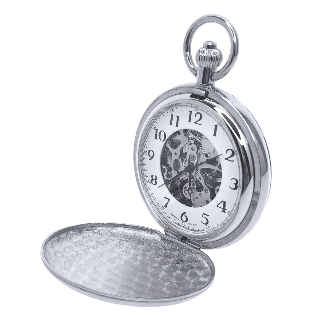 Silver Mechanical Pocket Watch with Skeleton Movement and Arabic Numbers Dial