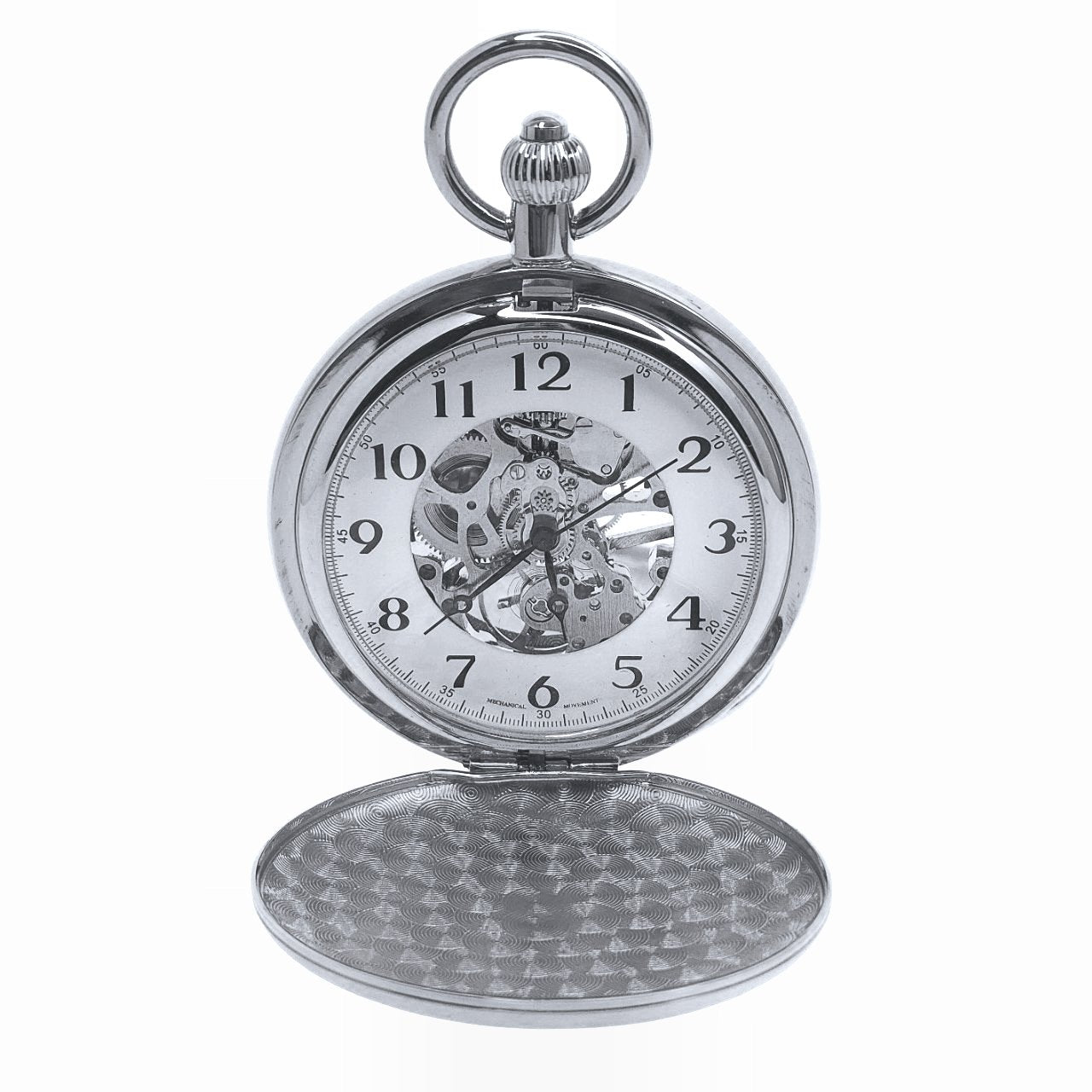 Mechanical Pocket Watch Silver Color with Skeleton see through Arabic Numbers Dial