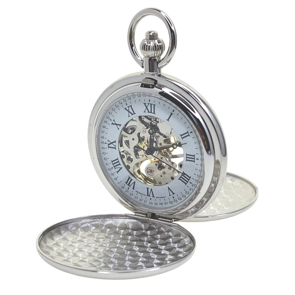 Double Full Hunter Pocket Watch Silver Color with see-through Roman Numbers Dial