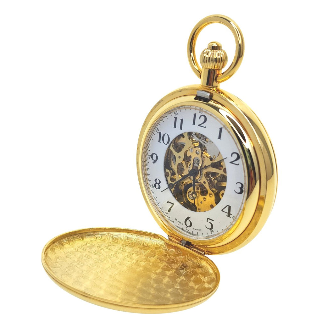 Gold Mechanical Pocket Watch with Skeleton Movement and Arabic Numbers Dial