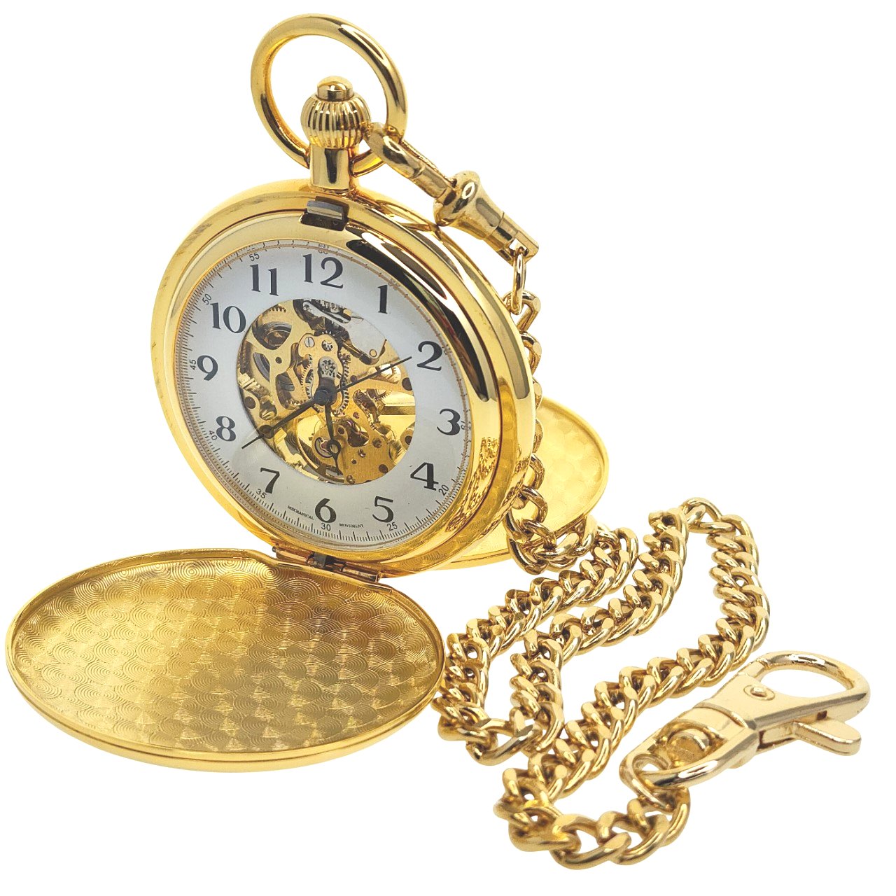 Gold Double Full Hunter Pocket Watch with Gold Skeleton Mechanical Movement and Arabic Numbers Dial