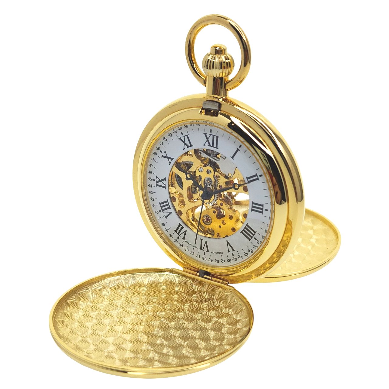 Gold Mechanical Pocket Watch 2-Sides Opening Cover with Skeleton Roman Numbers Duial