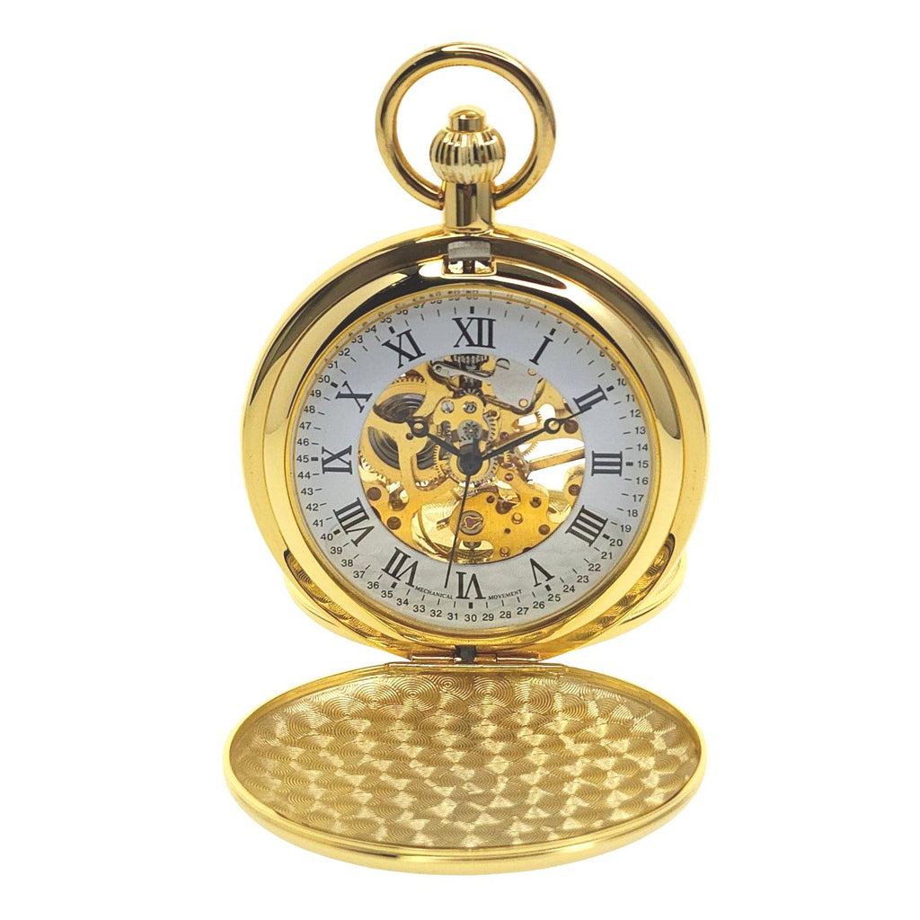 Gold Double Full Hunter Pocket Watch with Skeleton Movement and Roman Numbers Dial