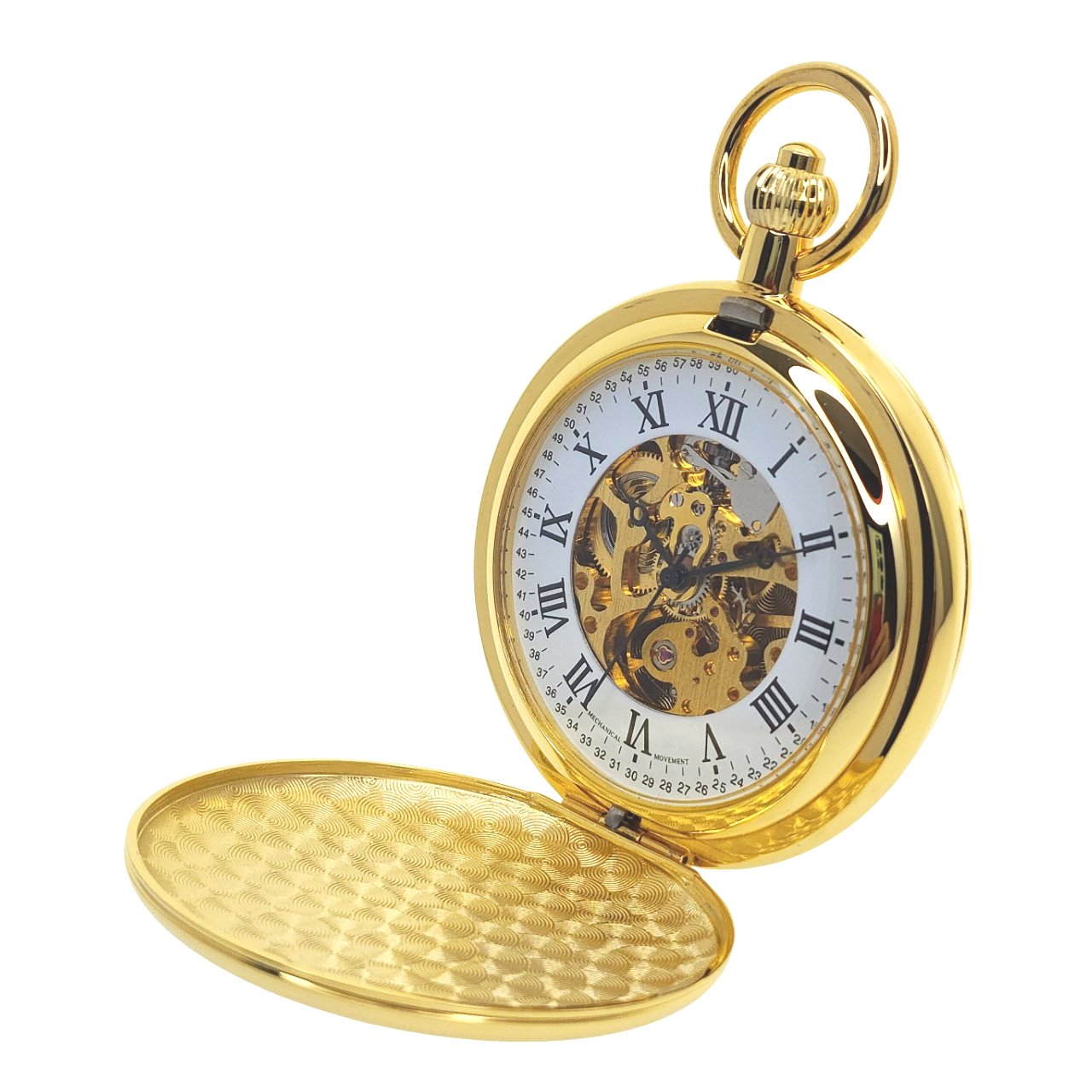 Gold Mechanical Skeleton Pocket Watch with Roman Numbers Dial