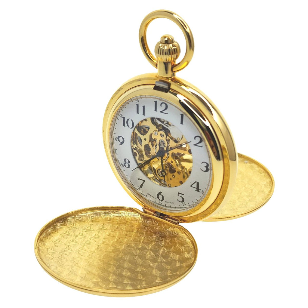 Gold Mechanical Skeleton Pocket Watch with Arabic Numbers Dial