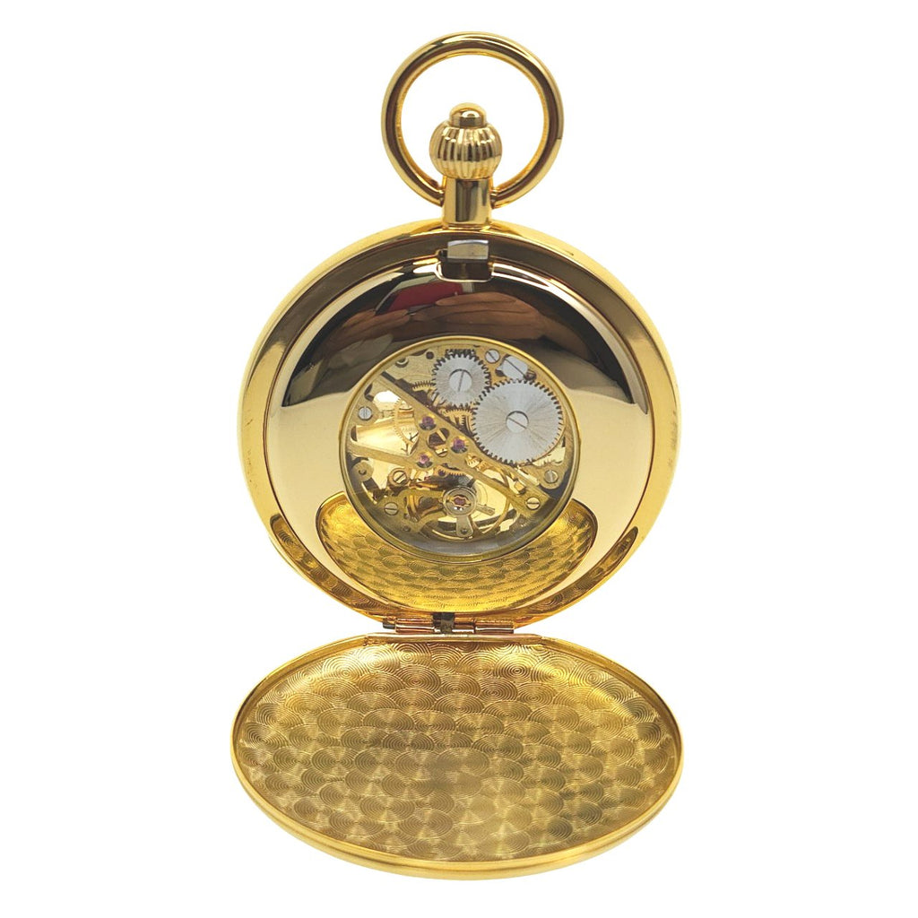 Gold Mechanical Pocket Watch Visible Case back to view the Skeleton Movement