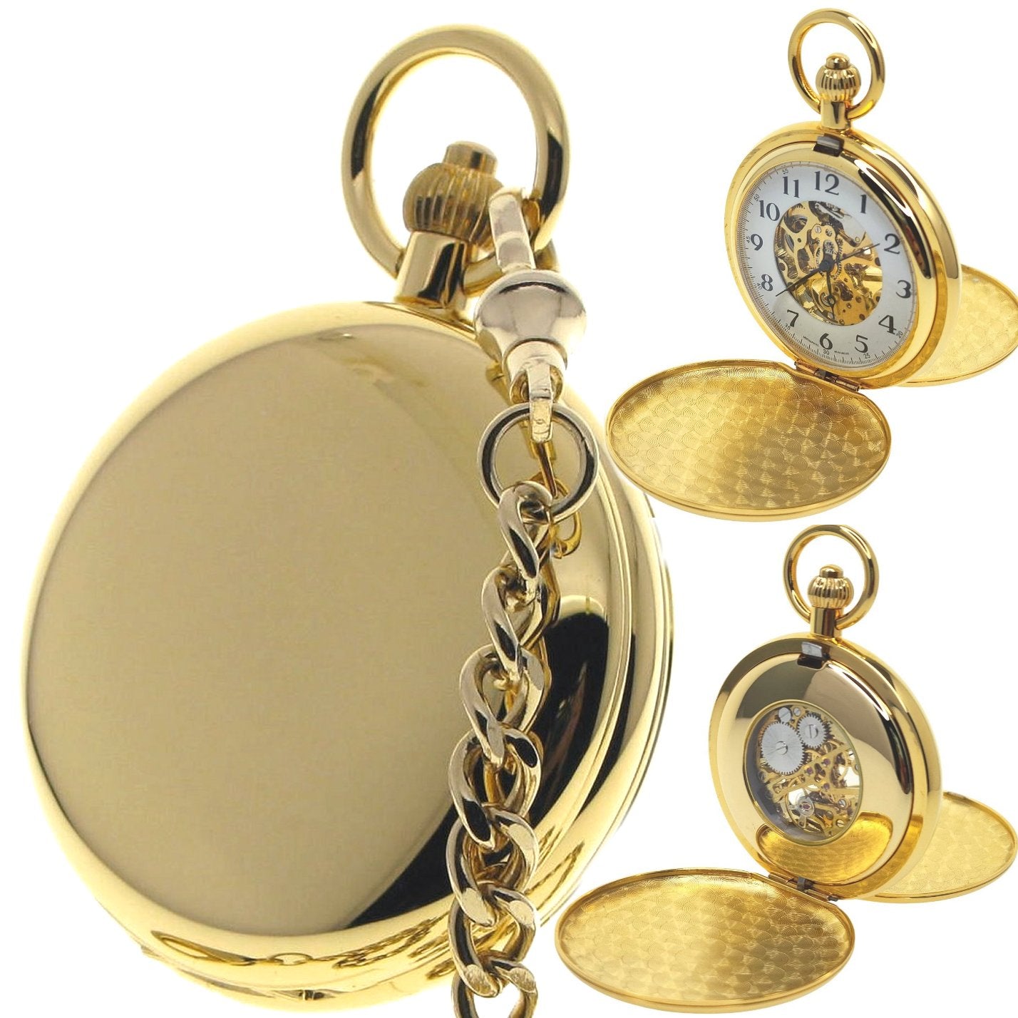 Gold Polish Double Full Hunter Pocket Watch with Mechanical Skeleton Movement