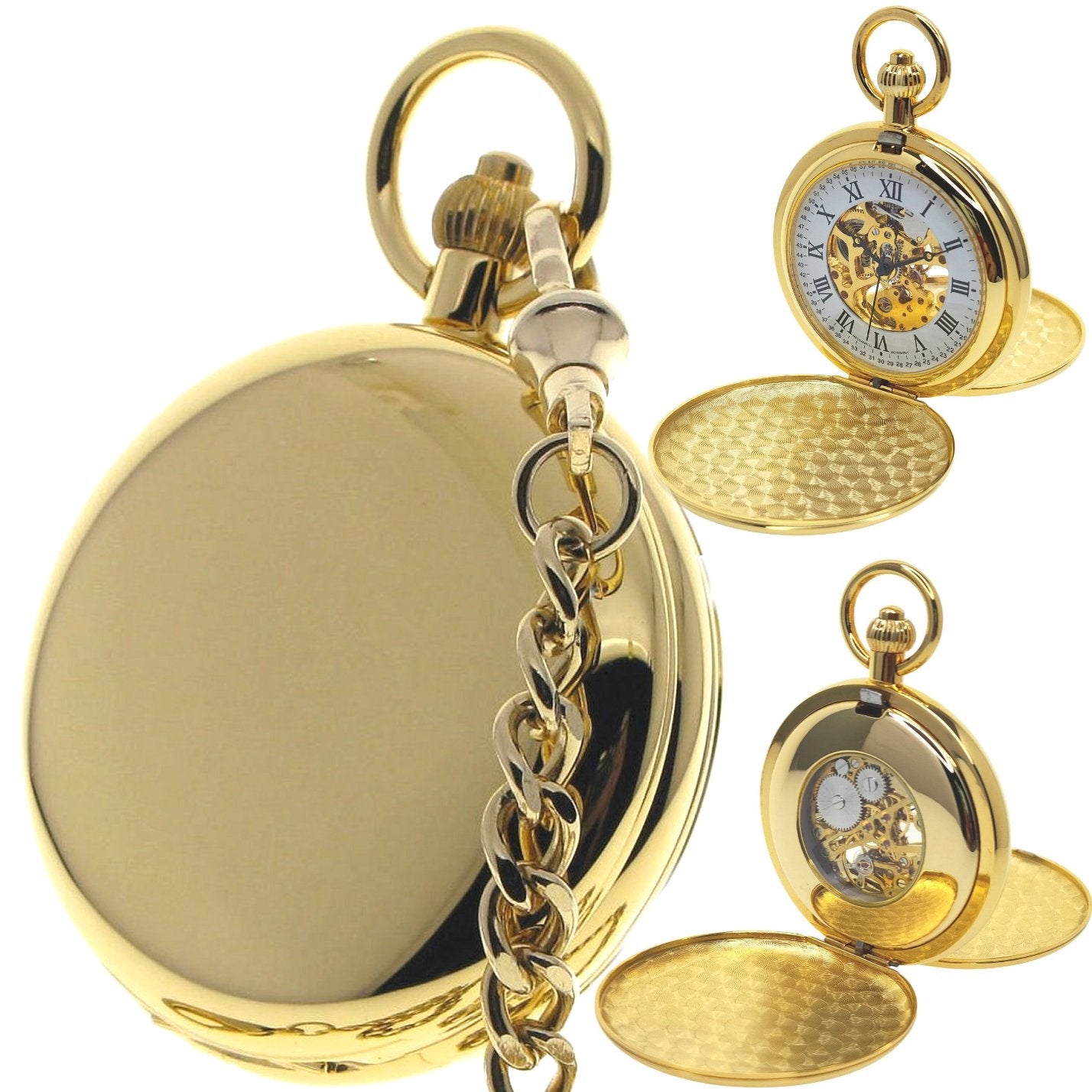 Gold Mechanical Double Full Hunter Pocket Watch with Skeleton Roman Numbers Dial 
