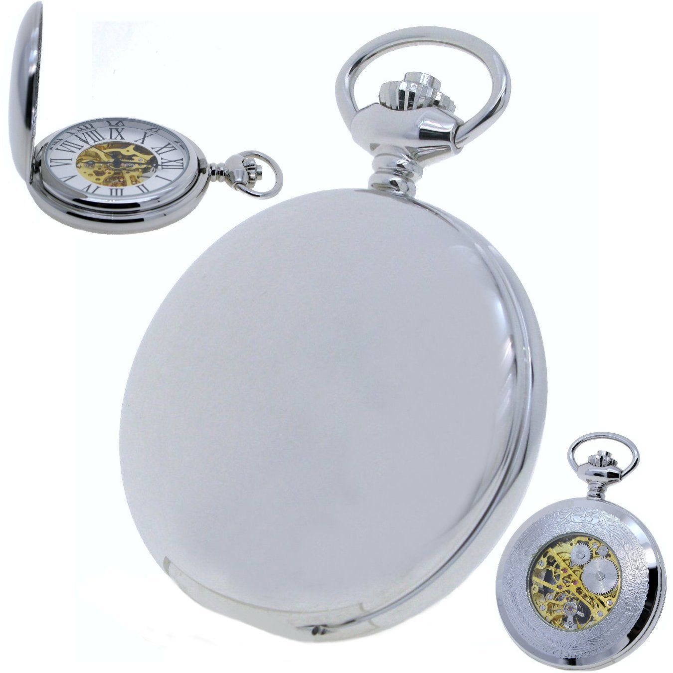 Silver Mechanical Skeleton Pocket Watch