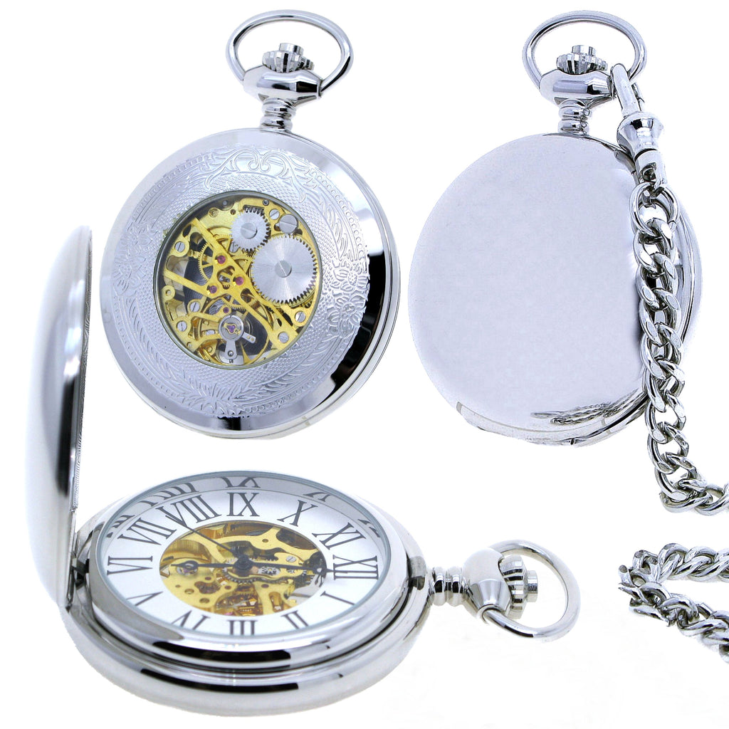 Silver mechanical pocket watch with skeleton dial and skeleton case back