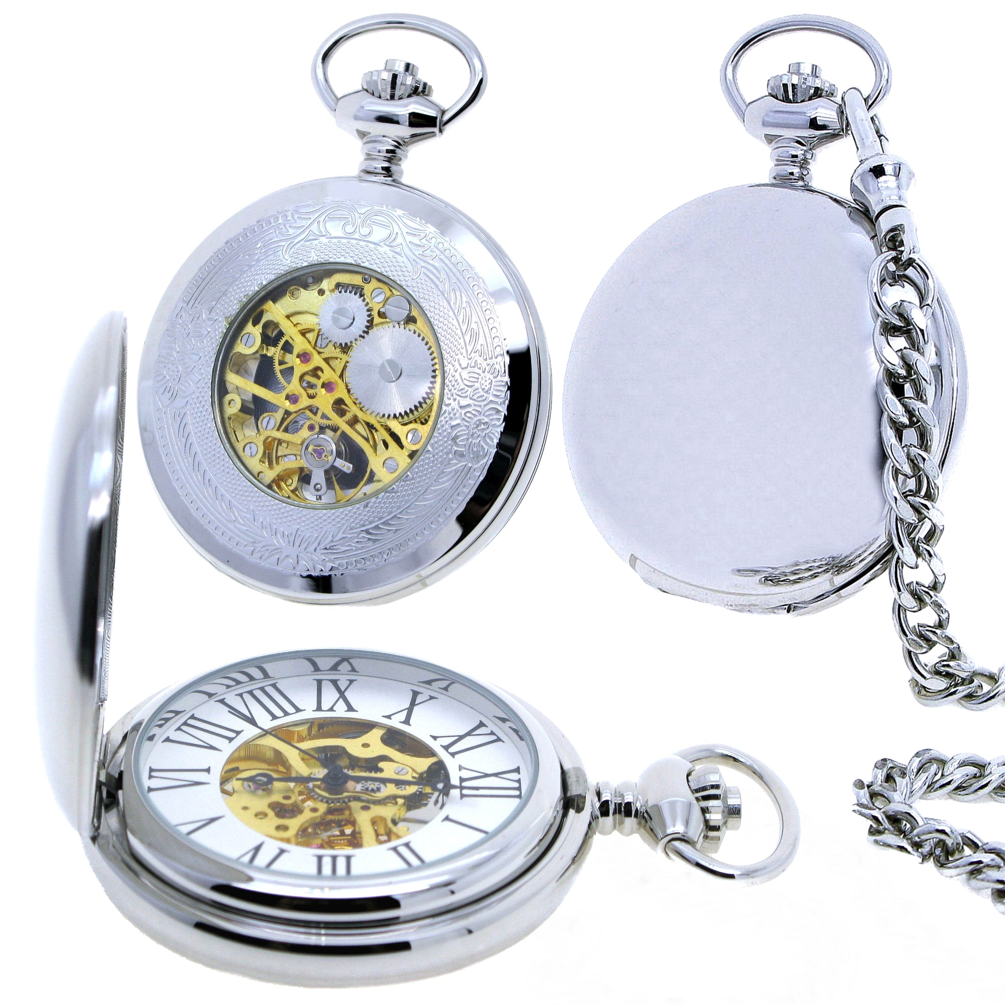Silver mechanical pocket watch with skeleton dial and skeleton case back