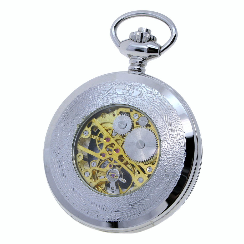 Silver Mechanical Skeleton Pocket Watch