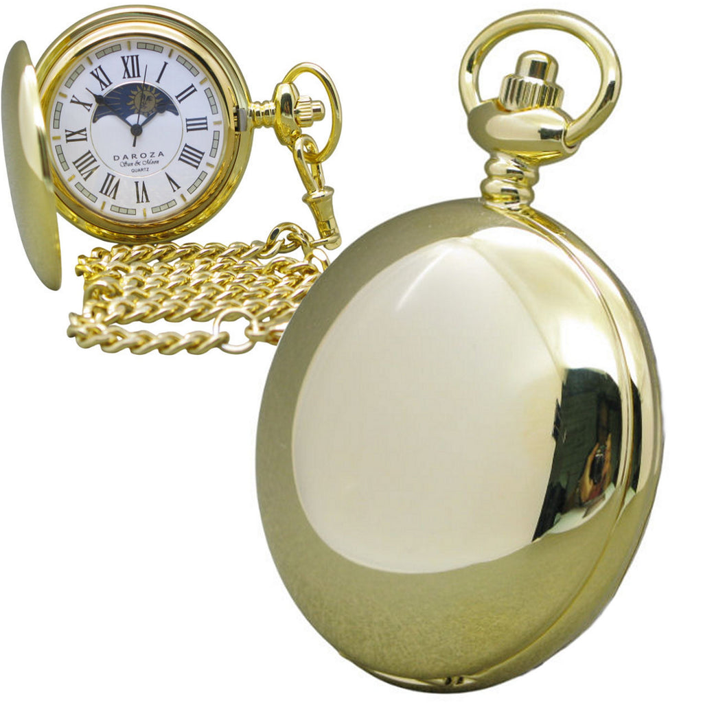 Gold Pocket Watch with Sun & Moon Disc and Roman Numbers Dial
