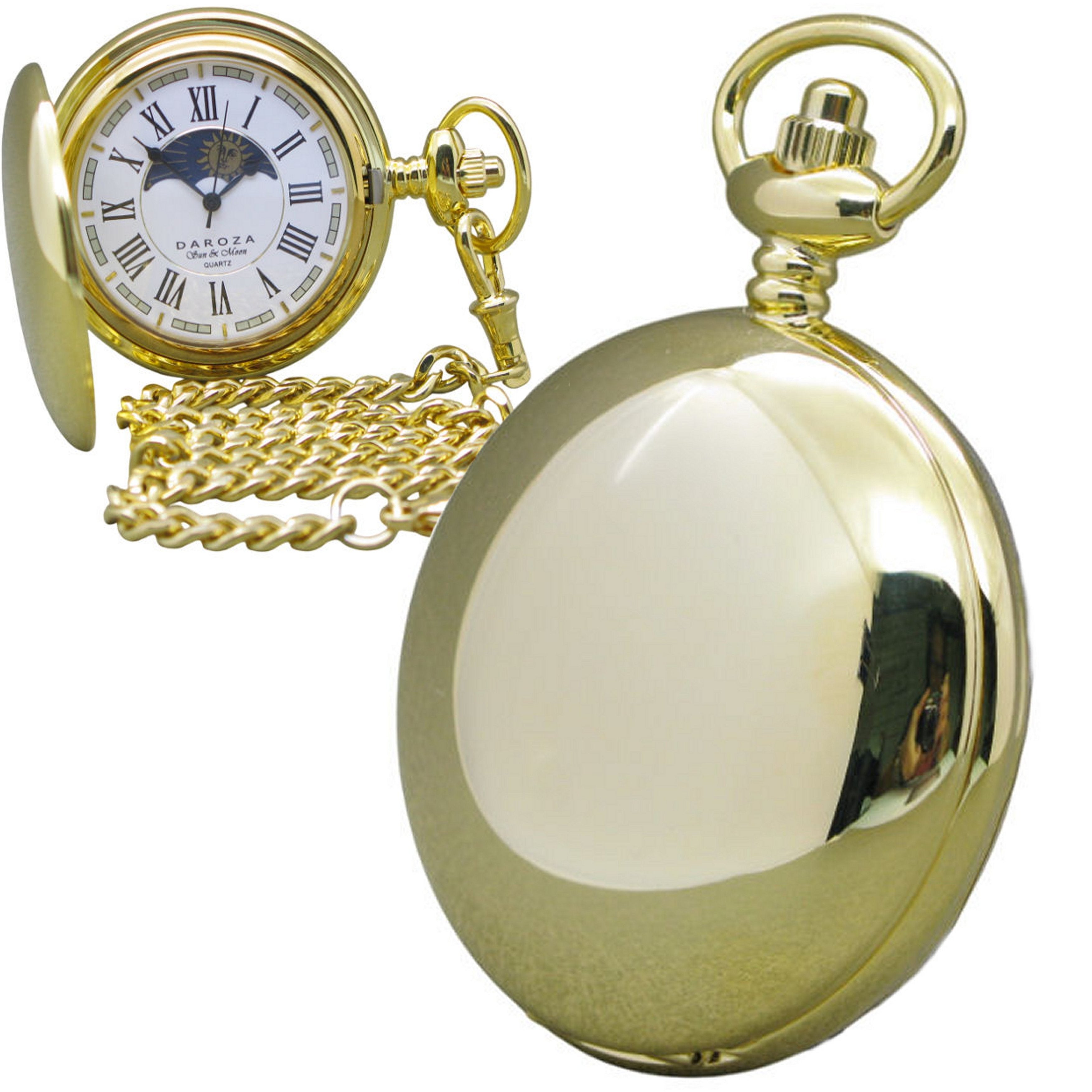 Gold Pocket Watch with Sun & Moon Disc and Roman Numbers Dial