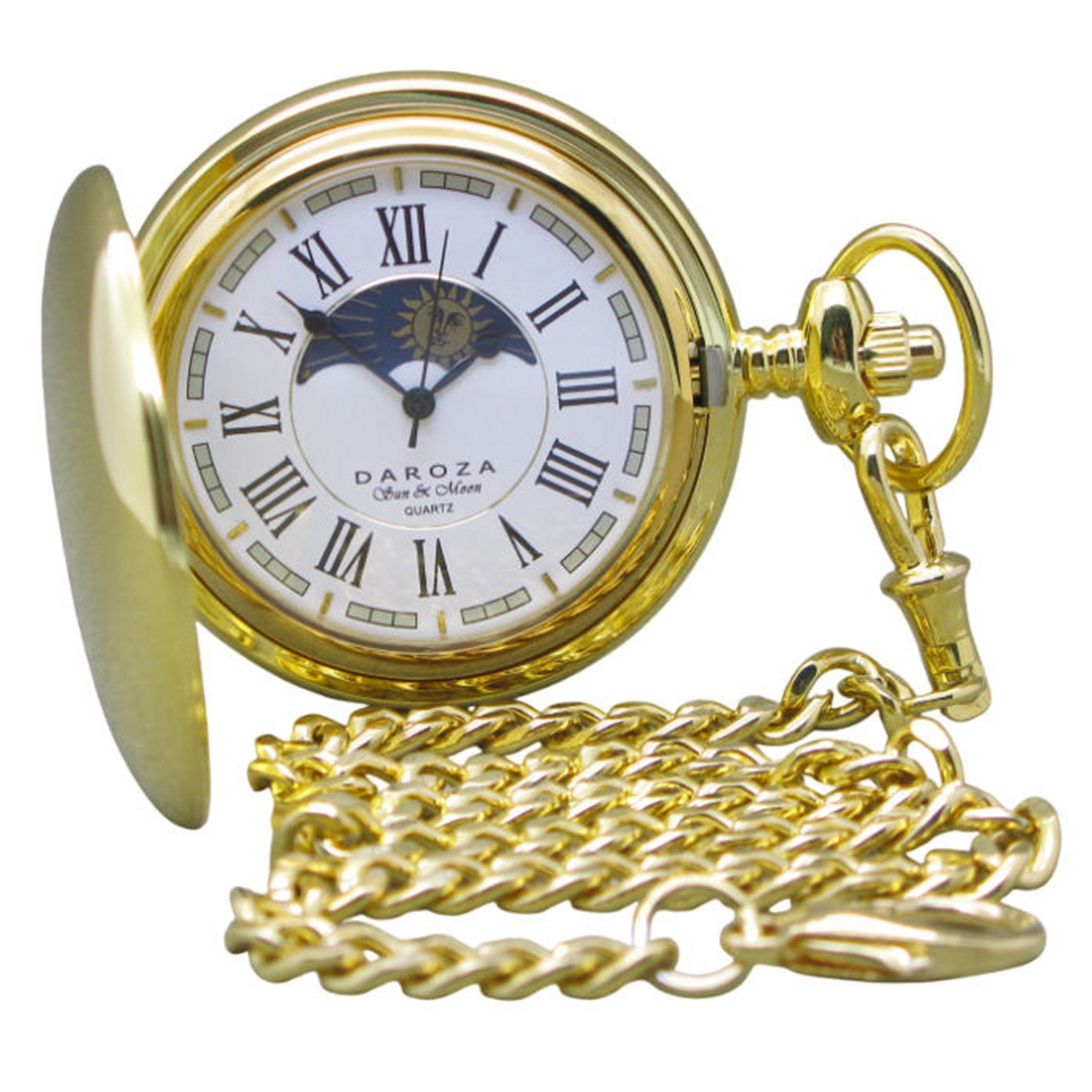 Gold Pocket Watch with Roman Numbers and Sun & Moon Disc