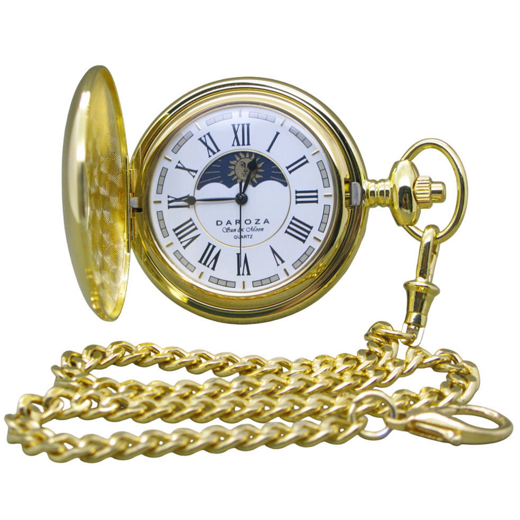 Gold Pocket Watch with Sun & Moon Roman Numbers Dial