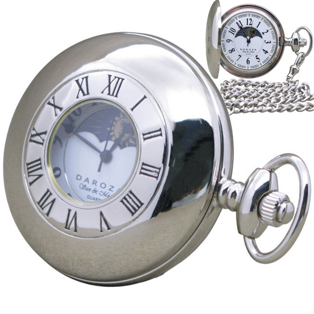 Silver Pocket Watch with visible case cover and Sun & Moon design Dial