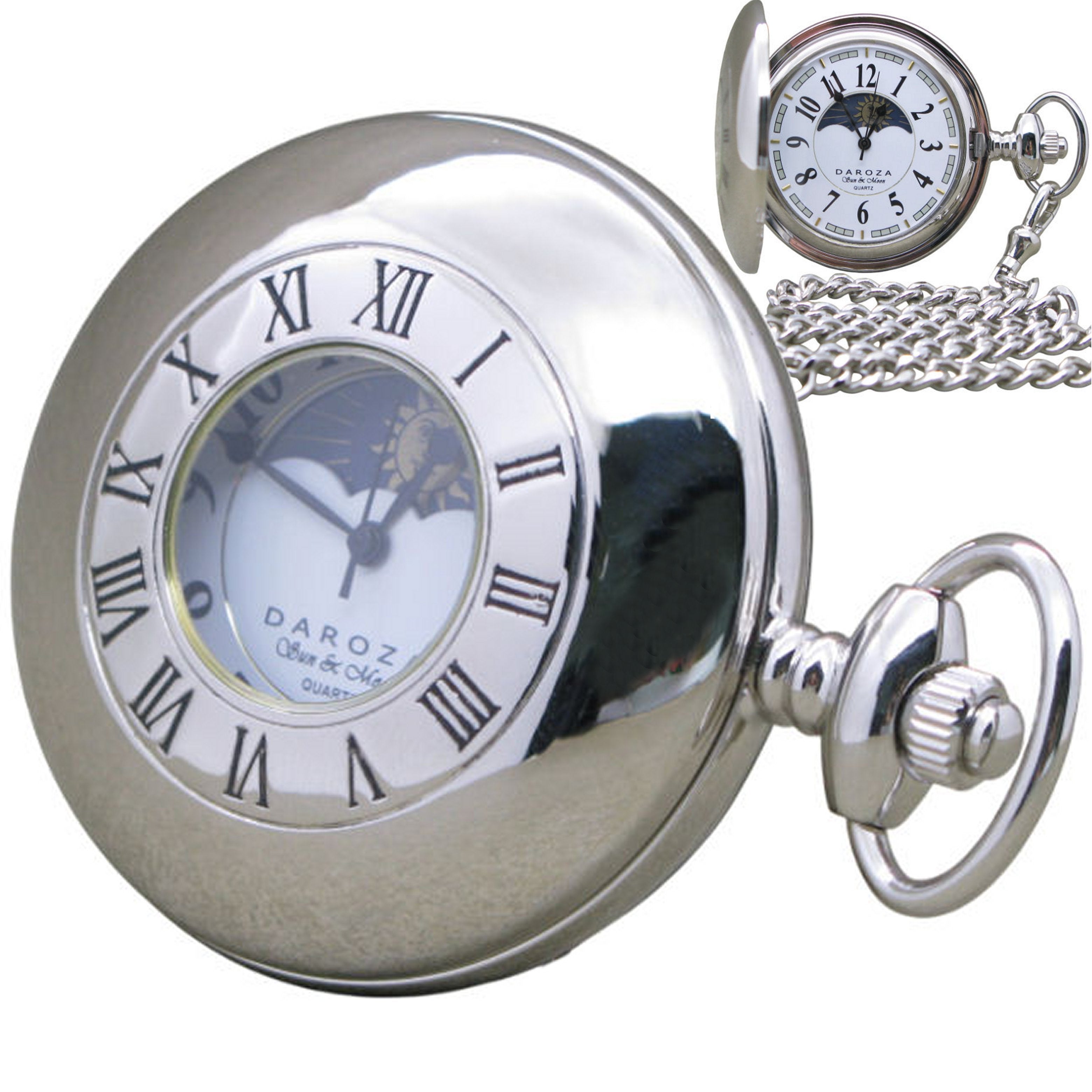 Silver Pocket Watch with visible case cover and Sun & Moon design Dial
